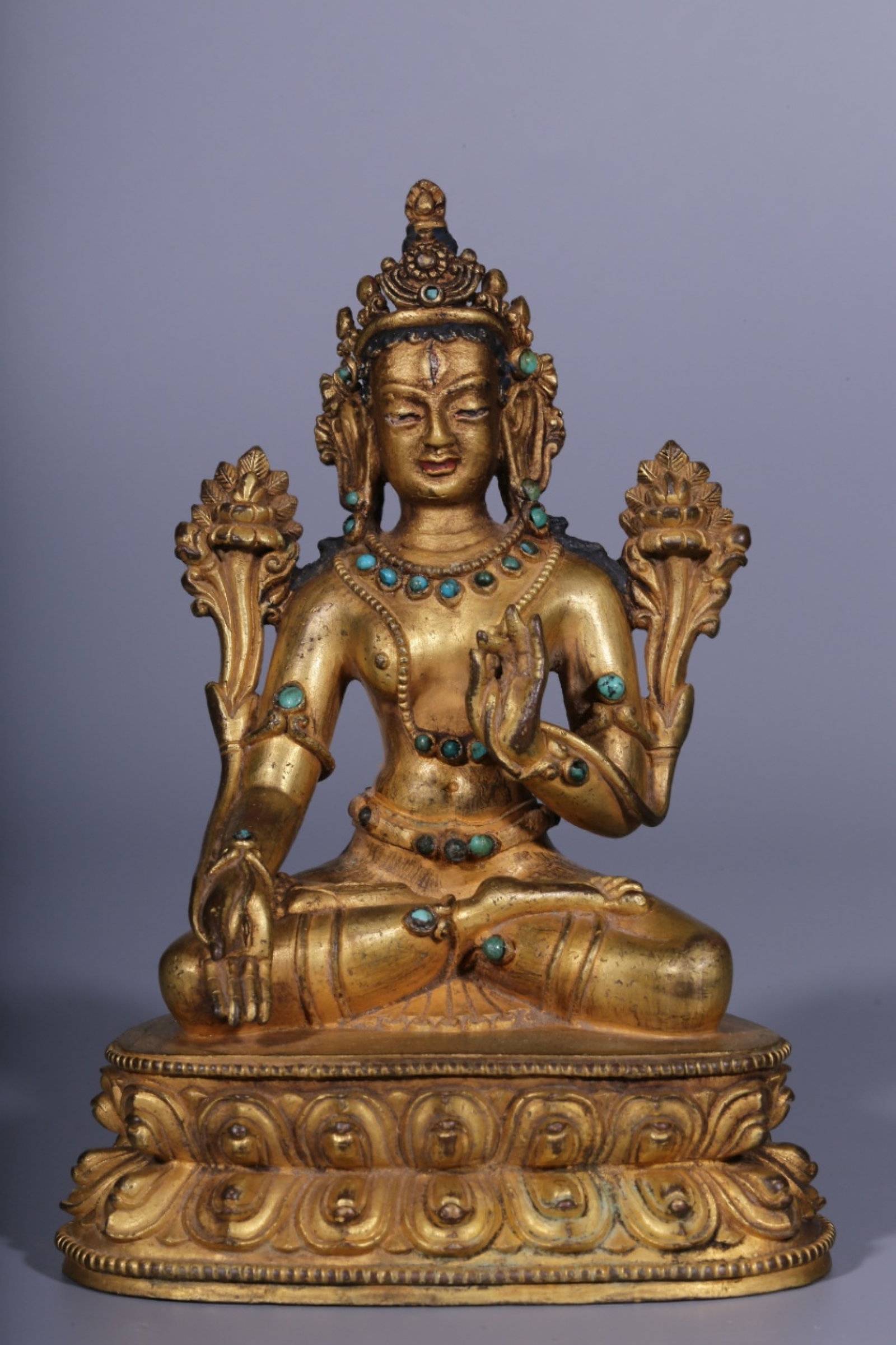 A Rare Gilt Bronze Inlaid Turquoise Statue of Tara: A Rare Gilt Bronze Inlaid Turquoise Statue of Tara,Qing Dynasty, China,Size:5.5inx3.9inx2.8in,Weight:727g 铜鎏金嵌绿松石度母像,中Þ
