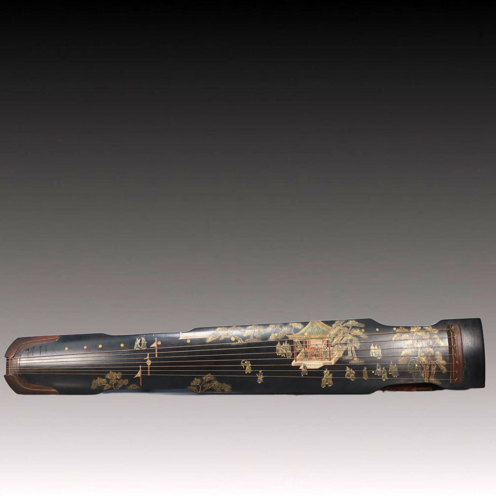 An Exquisite Wooden Lacquer Painted Gold Figure Pattern 'qin' Ornament,with poem (1 of 9)