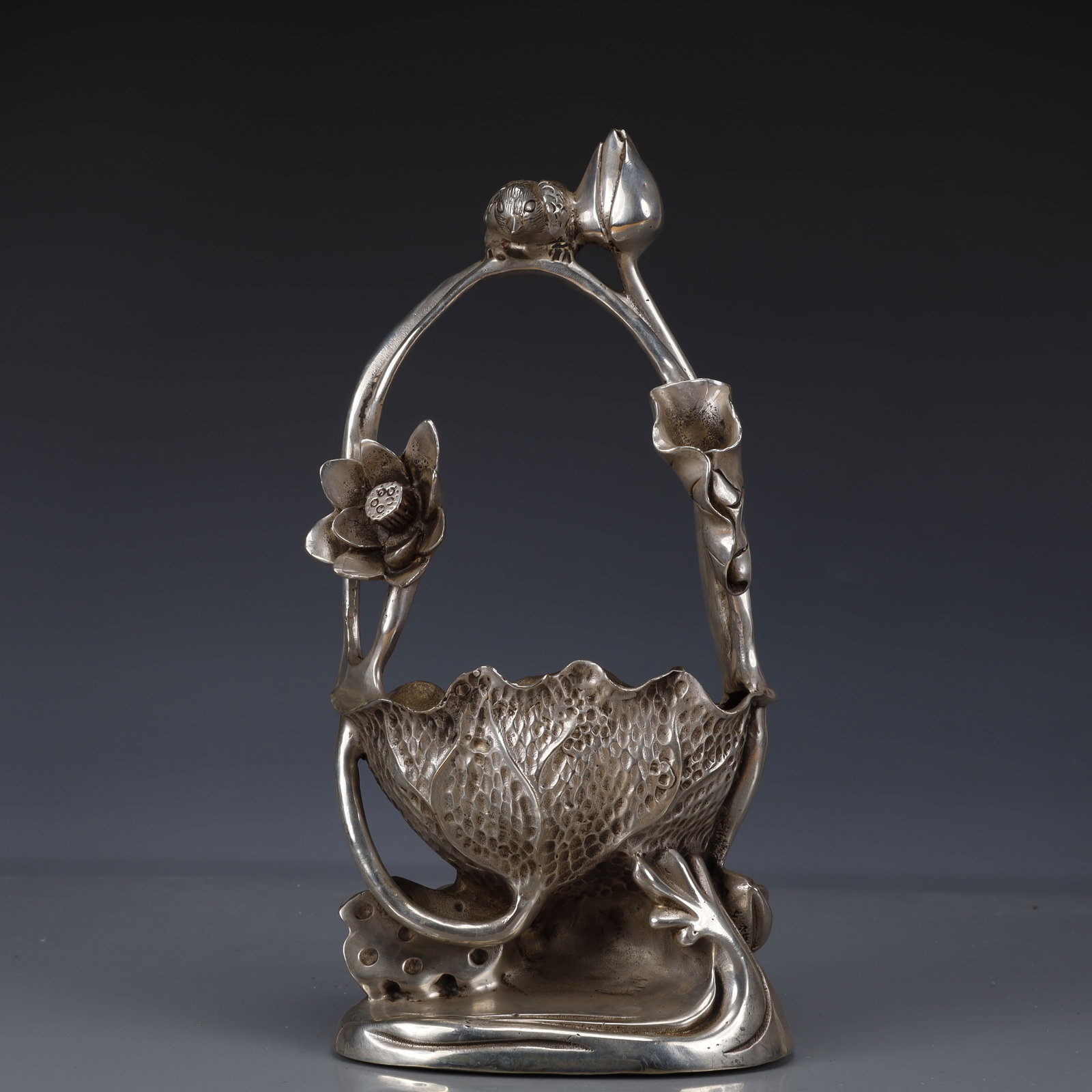 An Exquisite Silver-Plated Bronze Lotus Pattern Washer: An Exquisite Silver-Plated Bronze Lotus Pattern Washer,Qing Dynasty, China,Qianlong Four-character Mark,Size:7.5inx3.5inx12.6in,Weight:2300g 铜镀银莲花纹洗,&#