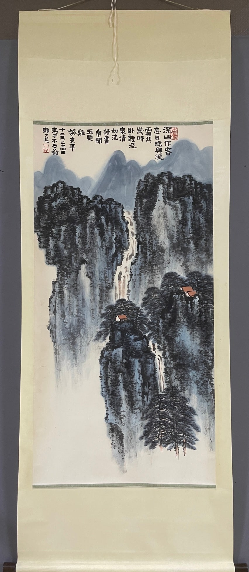A Chinese Vertical Scroll Ink Painting of Landscape on Paper (1 of 6)