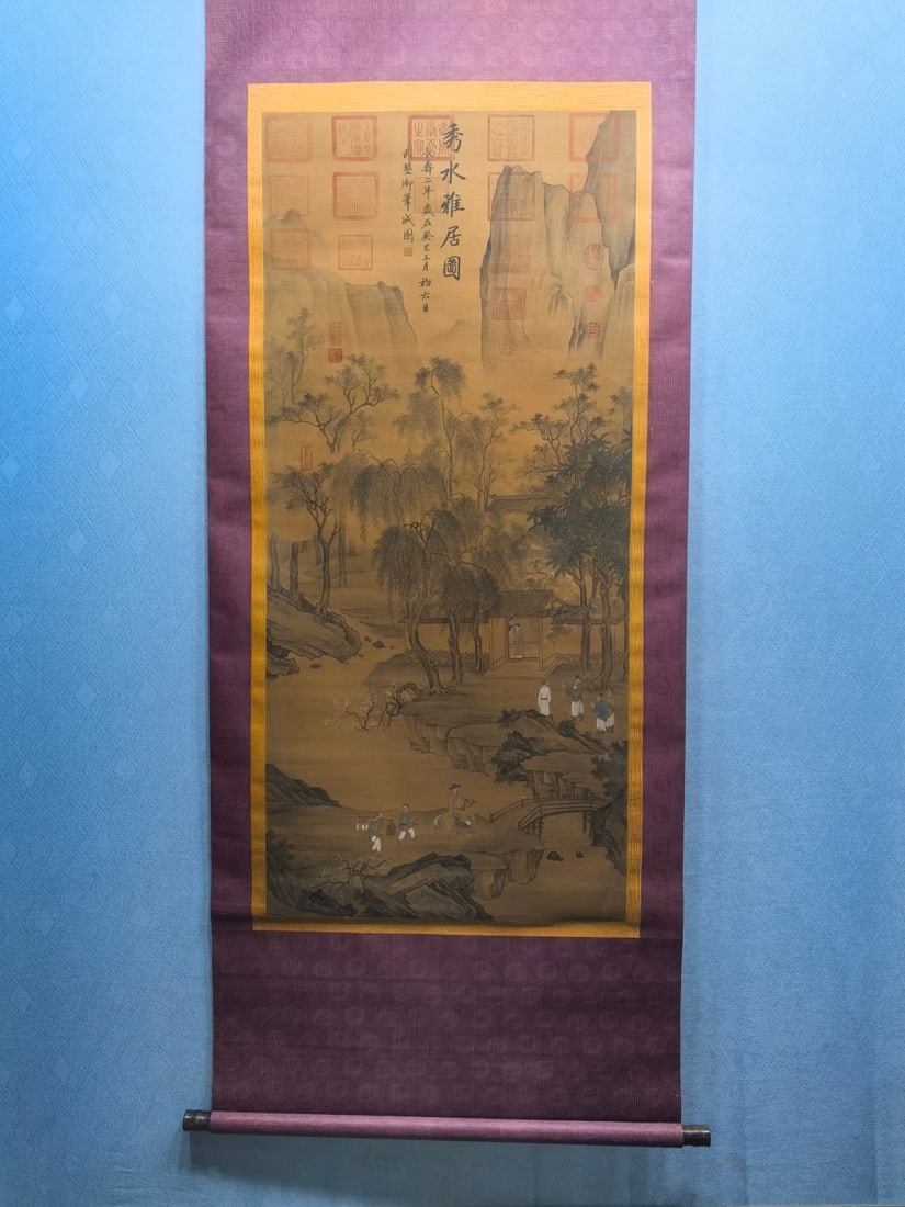 A Chinese Vertical Scroll Ink Painting of Landscape and Figure on Silk: A Chinese Vertical Scroll Ink Painting of Landscape and Figure on Silk,Wu Zetian,Size:25.2inx55.3in 一幅中国水墨绢本山水人物