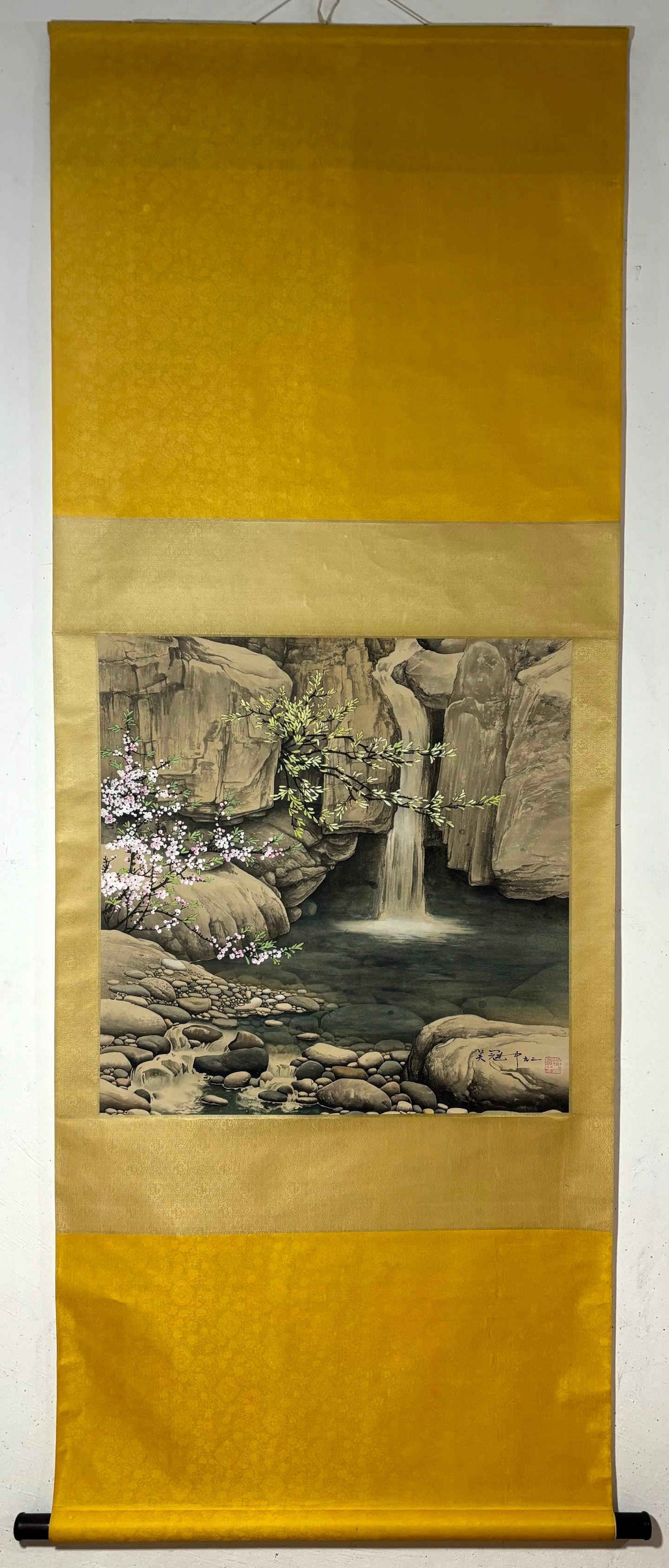 A Chinese Vertical Scroll Ink Painting of Landscape on Paper: A Chinese Vertical Scroll Ink Painting of Landscape on Paper,Wu Guanzhong,Size:25.6inx25.2in 一幅中国水墨山水画立轴,吴冠&#