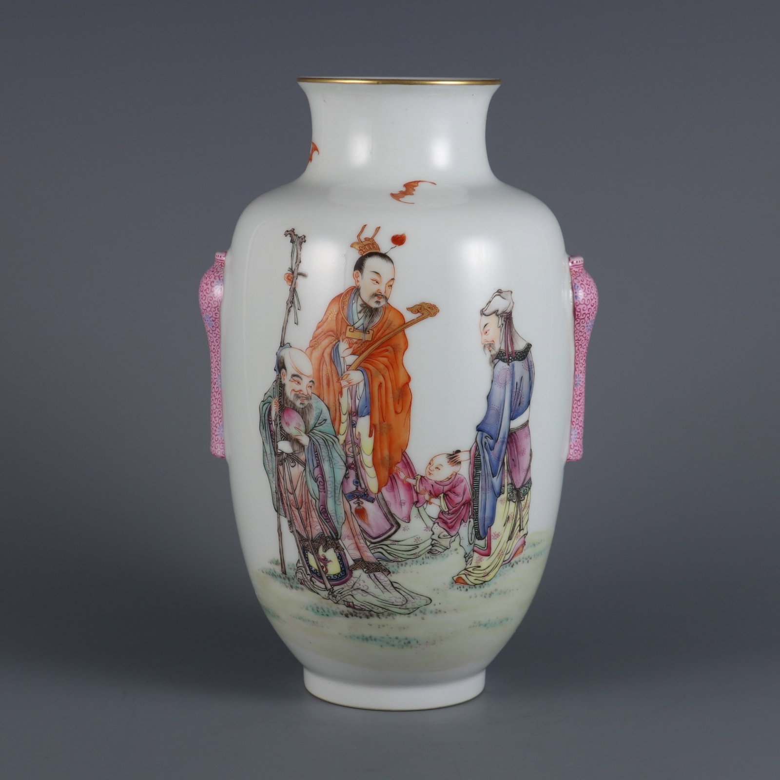 An Exquisite Famille-Rose Character and Story Pattern Double-Ears Vase: An Exquisite Famille-Rose Character and Story Pattern Double-Ears Vase,Qing Dynasty,China,Qianlong Six-character Mark,Size:9.4inx3in 粉彩人物故事纹双