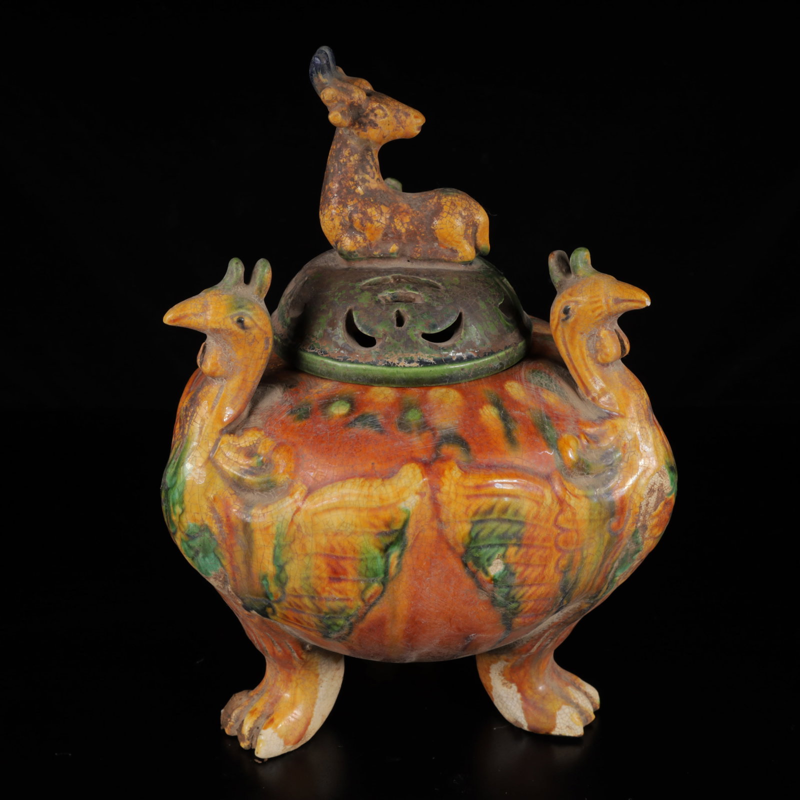 An Exquisite Tang Tri-Color Glazed Pottery Tripod Censer: An Exquisite Tang Tri-Color Glazed Pottery Tripod Censer,Tang Dynasty,China,Size:11inx7.9inx7.9in,Weight:1350g 唐三彩三足香炉,中国唐代