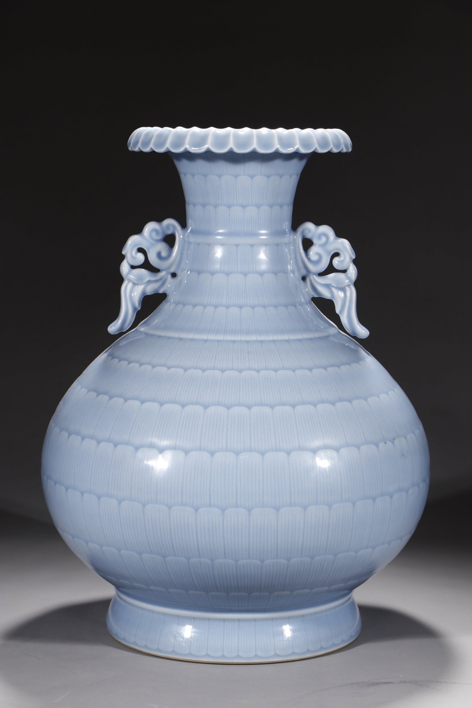A Rare Sky Blue Glazed Double-Ears Vase: A Rare Sky Blue Glazed Double-Ears Vase,Qing Dynasty,China,Qianlong Six-character Mark,Size:17.2in 天青釉双耳瓶中国清代,乾隆