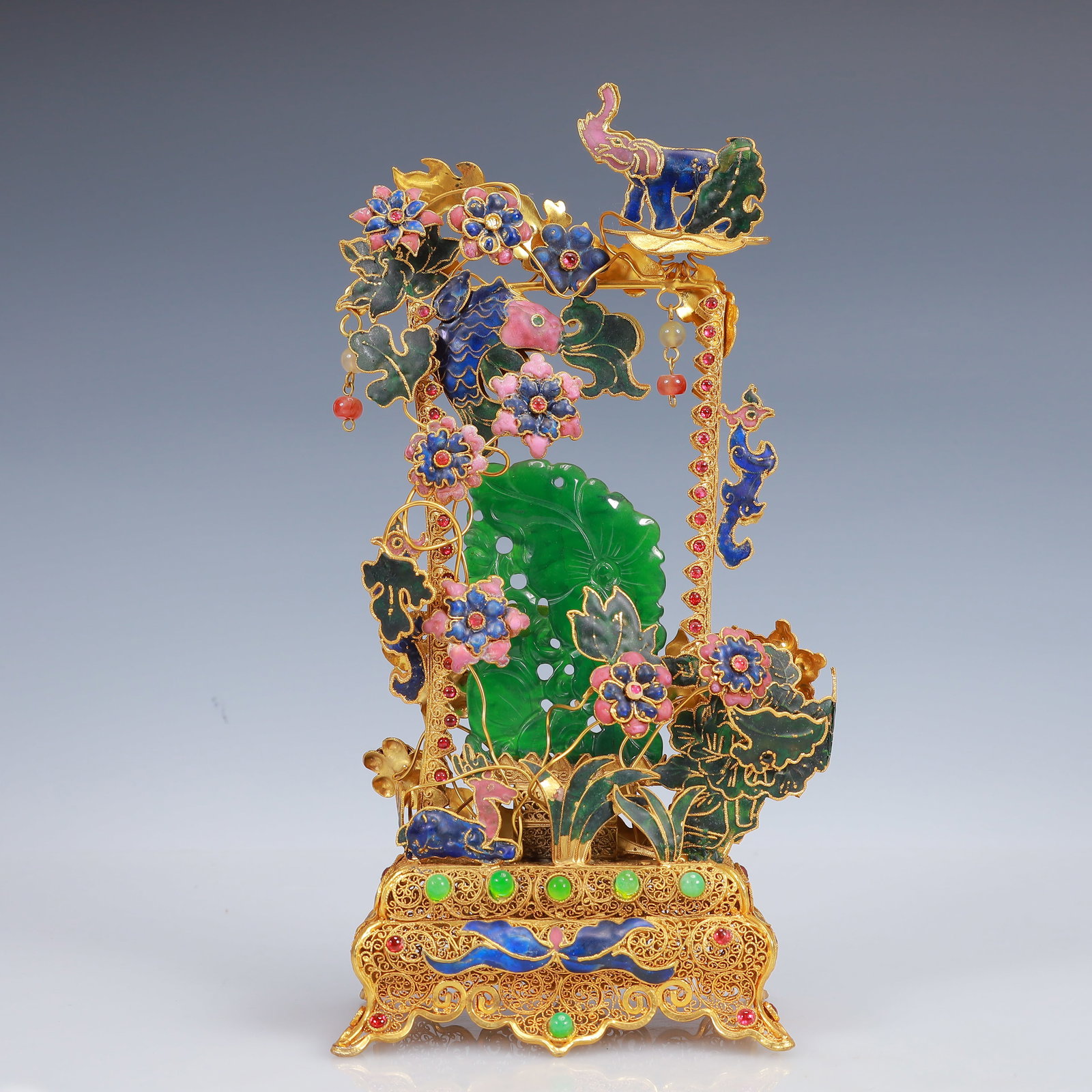 An Exquisite Filigree and Gilding Inlaid Jadeite Lotus Ornament,Inlaid Gems: An Exquisite Filigree and Gilding Inlaid Jadeite Lotus Ornament,Inlaid Gems,Qing Dynasty, China,Qianlong Four-Character Mark,Size:4.7inx2.8inx10.2in,Weight:438g