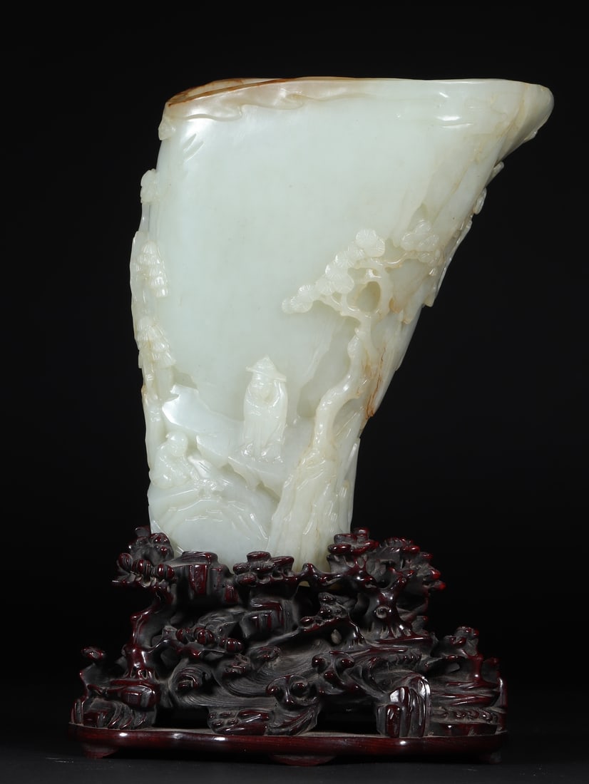 An Exquisite White Jade Character and Story Pattern Goblet,With Zitanwood Base: An Exquisite White Jade Character and Story Pattern Goblet,With Zitanwood Base,Qing Dynasty, China,Size:5.2inx3.6inx6.7in,Weight:1161g