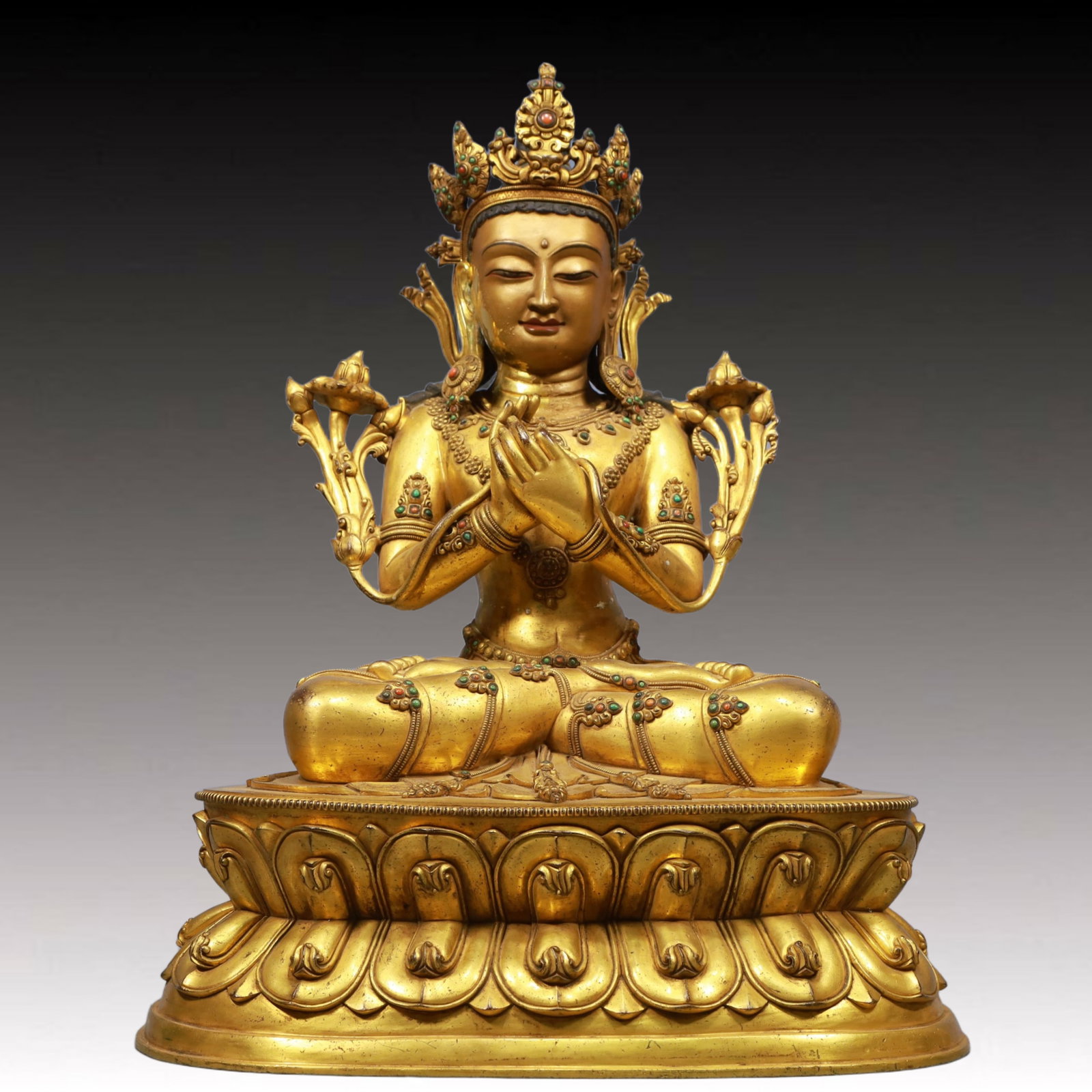 A Solemn Gilt Bronze Statue of Avalokitesvara, Inlaid Gems: A Solemn Gilt Bronze Statue of Avalokitesvara, Inlaid Gems, Ming Dynasty, China, Size:15.7inx11inx19.7in, Weight:15800g