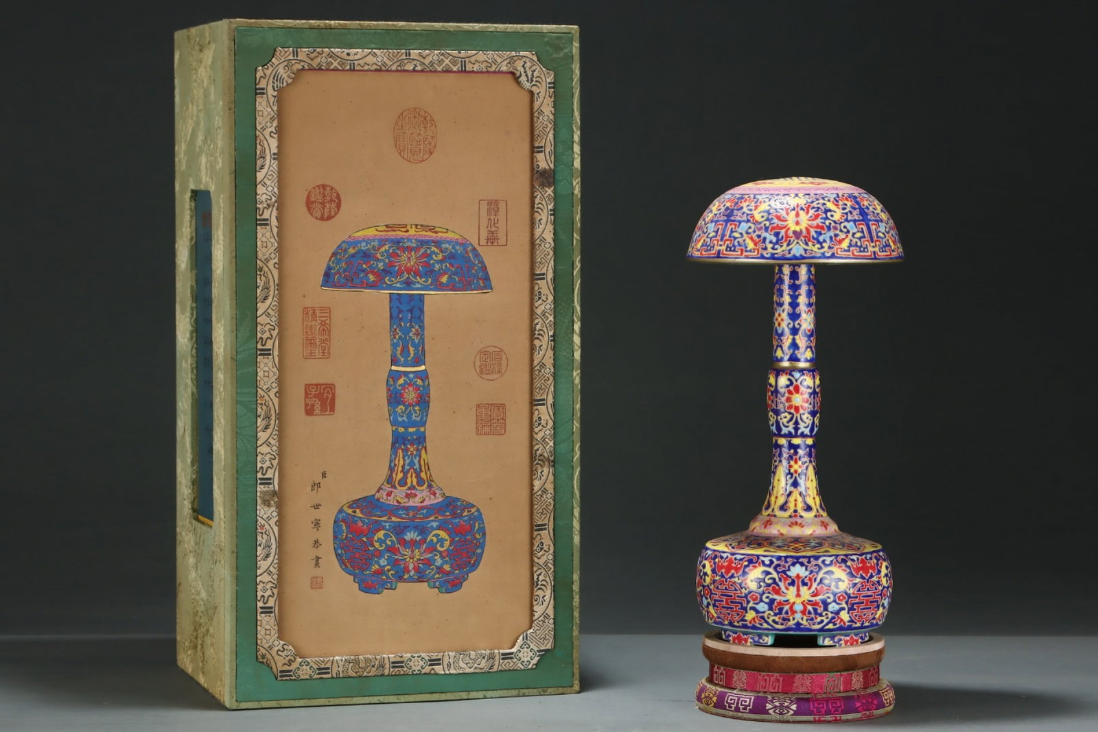 A Rare Blue Ground Famille-Rose Lotus Pattern Hatstand: A Rare Blue Ground Famille-Rose Lotus Pattern Hatstand,Qing Dynasty,China,Yongzheng Four-character Mark,Size:14.2inx6.6in 蓝地粉彩缠枝莲纹帽੟