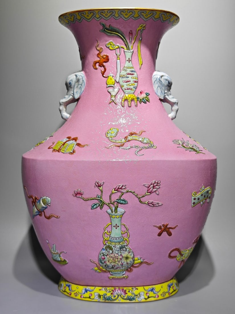 A Rare Famille-Rose Eight Treasures Pattern Elephant-Ears Vase: A Rare Famille-Rose Eight Treasures Pattern Elephant-Ears Vase,Qing Dynasty,China,Qianlong Four-character Mark,Size:15inx10.6in 粉彩八宝纹象耳瓶,中