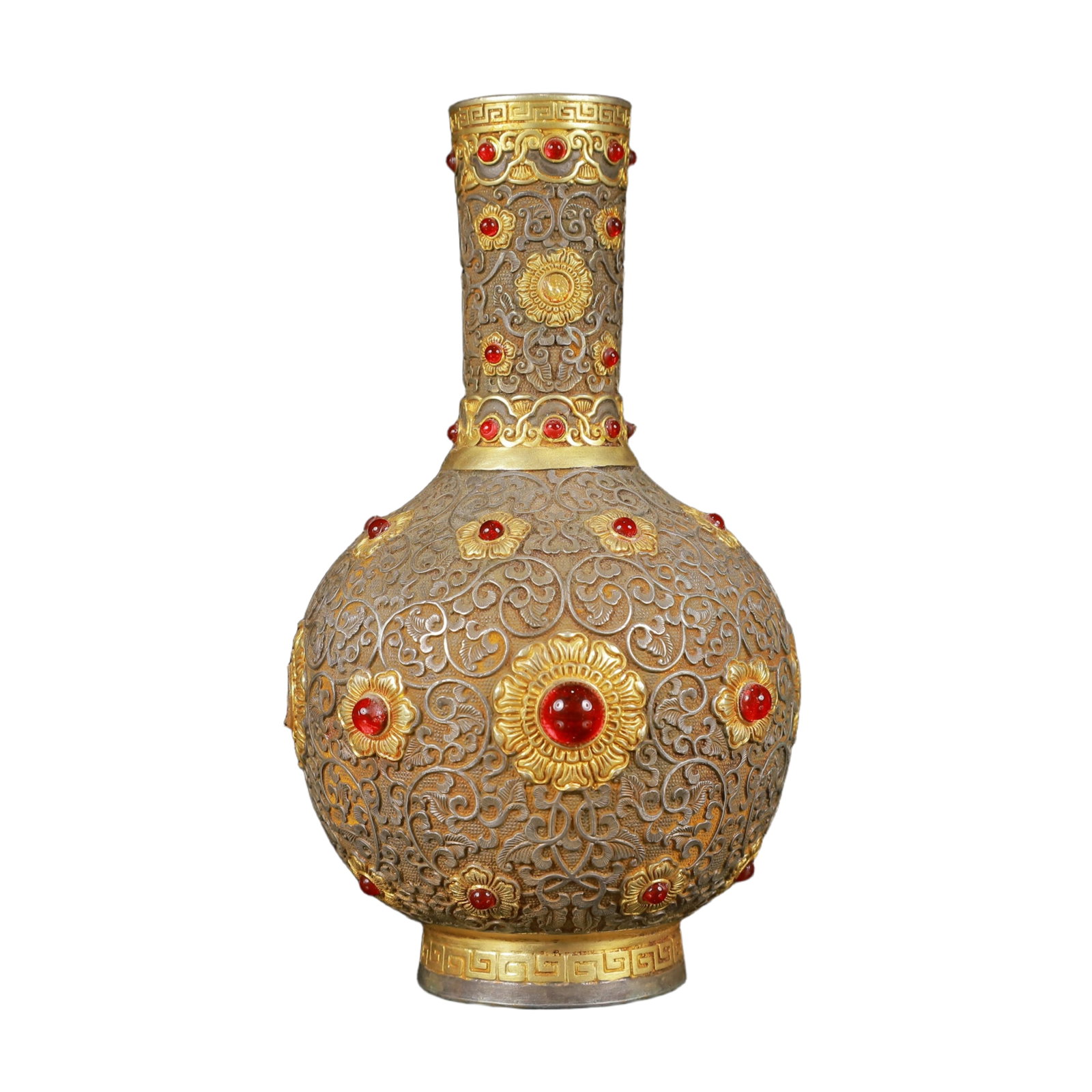An Exquisite Gilt Silver Lotus Pattern Vase,Inlaid Gems: An Exquisite Gilt Silver Lotus Pattern Vase,Inlaid Gems,Tang Dynasty,China,Zhenguan Four-Character Mark,Size:3.5inx9.8in,Weight:400g 银鎏金缠枝莲纹瓶,&#