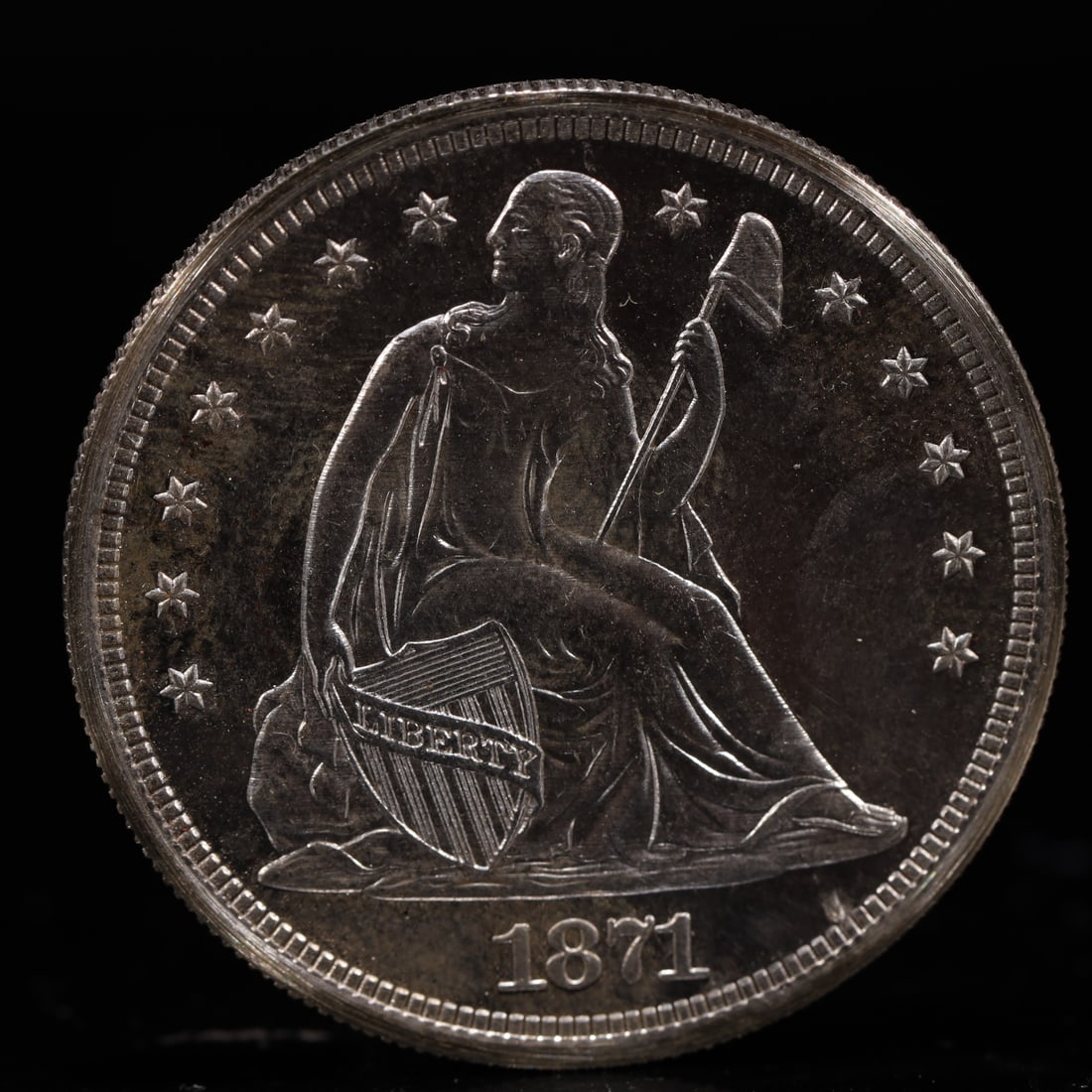 USA One Dollar 1871 Coin: American coin. IN GOD WE TRUST / LIBERTY / 1871 / UNITED STATES OF AMERICA / ONE DOL. Mint Mark: CC.Weight:26.9g.