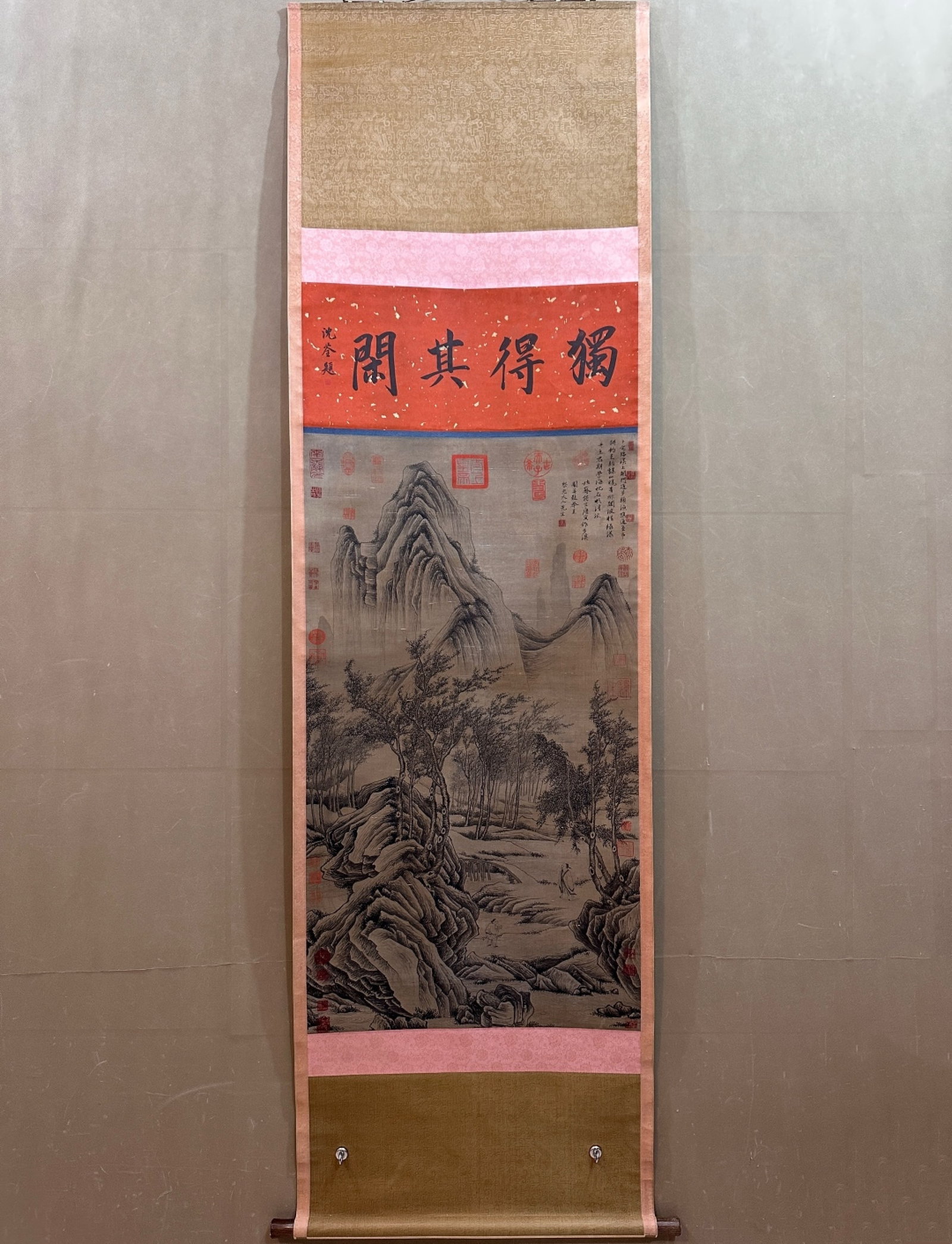 A Chinese Vertical Scroll Ink Painting of Landscape and Figure on Paper: A Chinese Vertical Scroll Ink Painting of Landscape and Figure on Paper,Tang Yin,Size:25.6inx45.7in 一幅中国水墨山水人物画立$