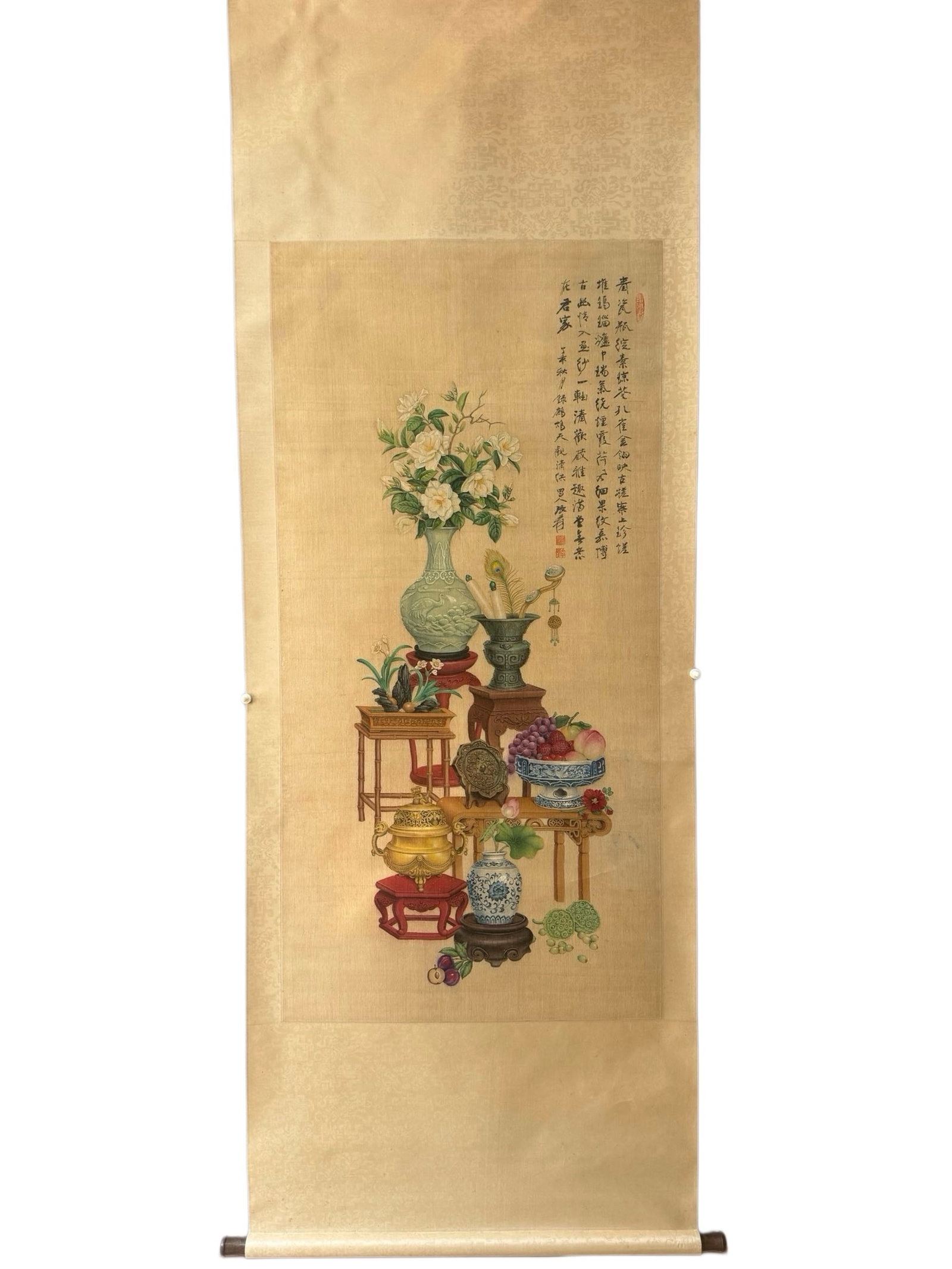 A Chinese Vertical Scroll Ink Painting of Flower and Fruit on Paper: A Chinese Vertical Scroll Ink Painting of Flower and Fruit on Paper,Zhang Daqian,Size:28.3inx57.1in 一幅中国水墨花果画立轴,张