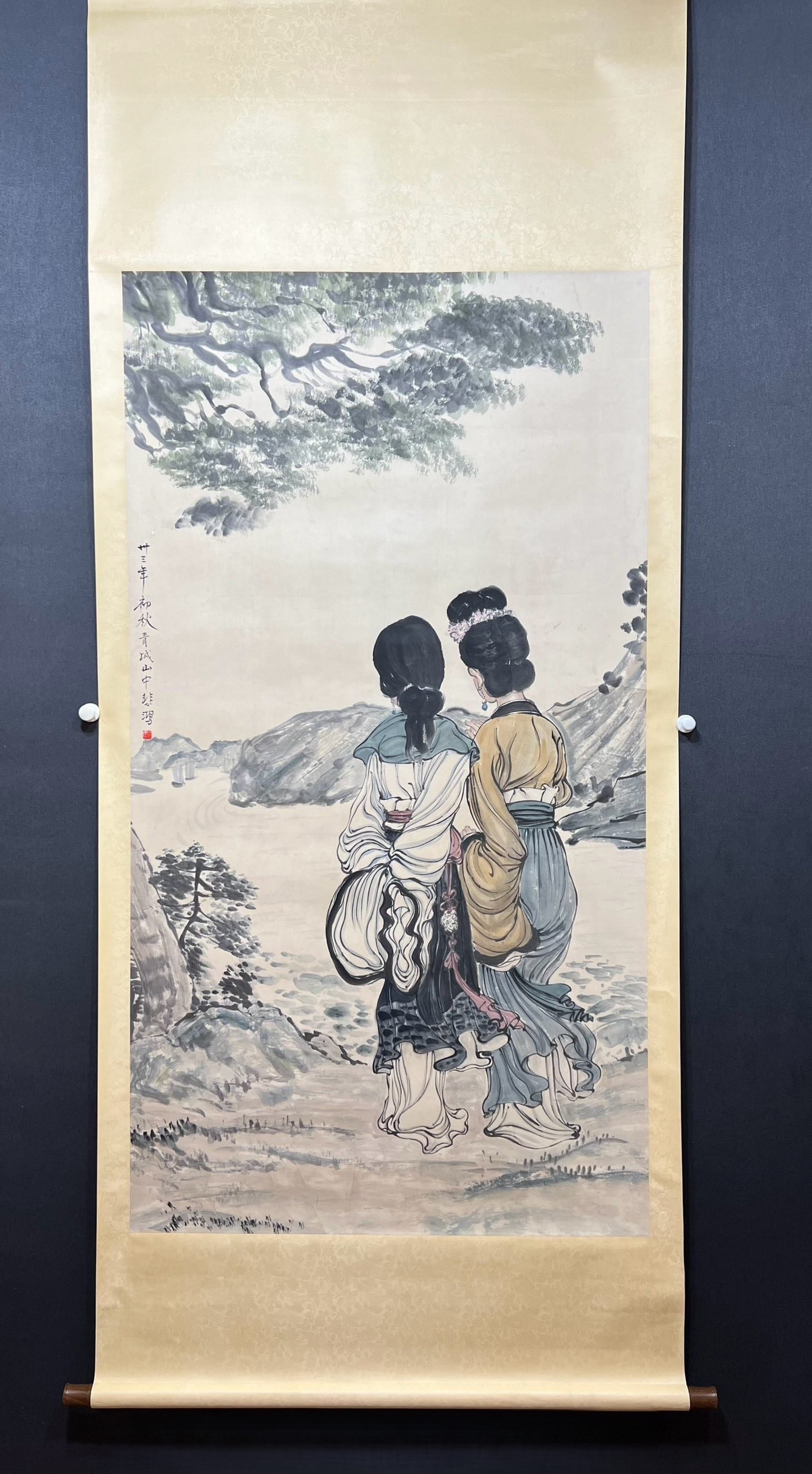 A Chinese Vertical Scroll Ink Painting of Landscape and Figure on Paper: A Chinese Vertical Scroll Ink Painting of Landscape and Figure on Paper,Xu Beihong,Size:38.2inx69.7in 一幅中国水墨山水人物画立&#