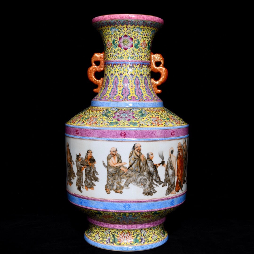 A Huge Famille-Rose Painted Gold Character and Story Pattern Double-Ears Vase: A Huge Famille-Rose Painted Gold Character and Story Pattern Double-Ears Vase,Qing Dynasty,China,Qianlong Six-character Mark,Size:18.9inx10in 粉彩描金人物故&#