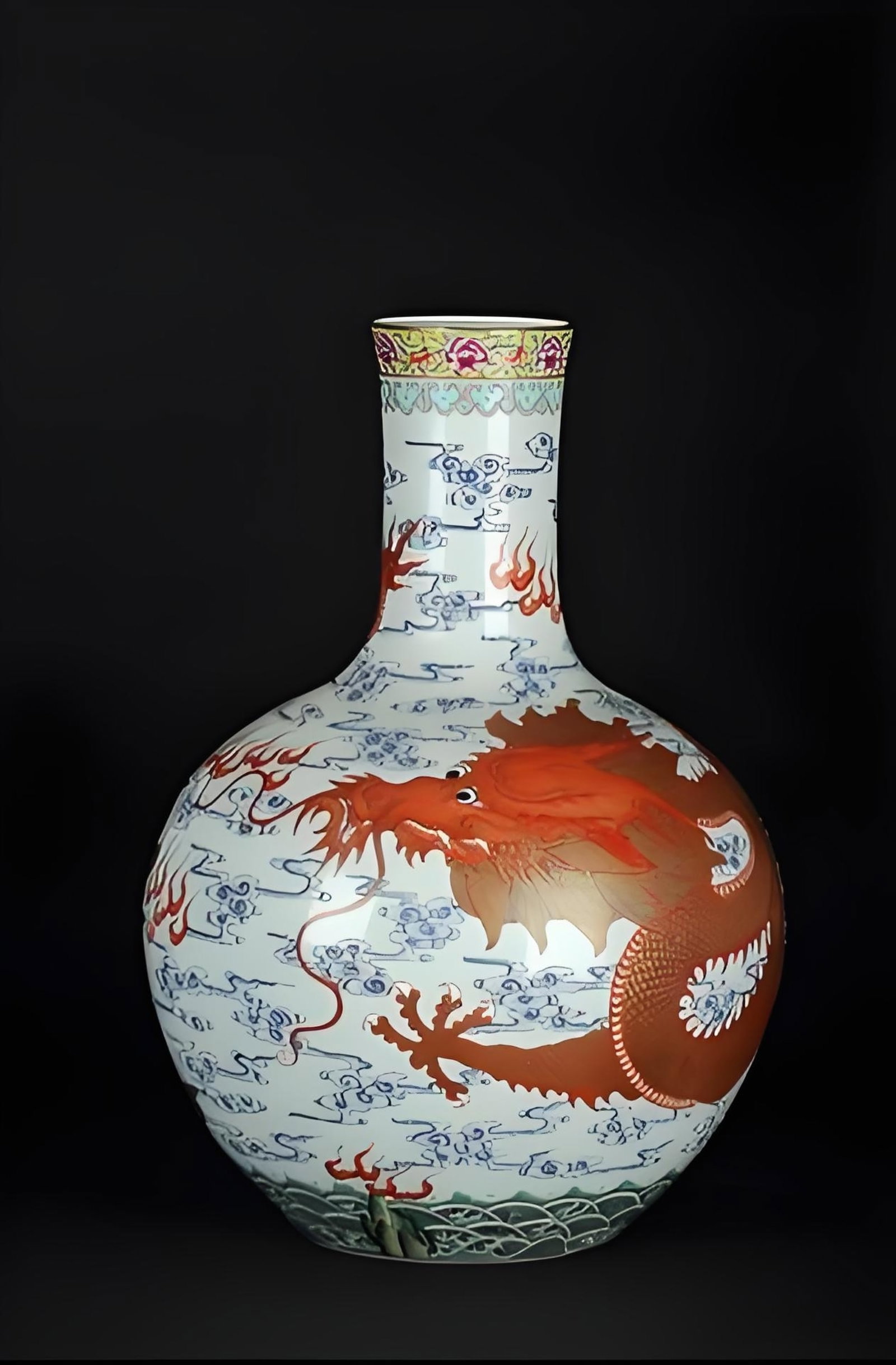 A Rare Famille-Rose Painted Gold Auspicious Cloud and Dragon Pattern Vase: A Rare Famille-Rose Painted Gold Auspicious Cloud and Dragon Pattern Vase,Qing Dynasty,China,Kangxi Six-character Mark,Size:13.1inx8.3in 粉彩描金祥云龙纹