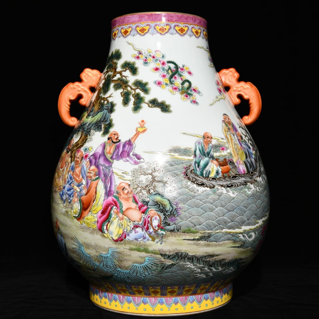 A Huge Famille-Rose Character and Story Pattern Double-Ears Vase: A Huge Famille-Rose Character and Story Pattern Double-Ears Vase,Qing Dynasty,China,Qianlong Six-character Mark,Size:18.5inx13.8in 粉彩人物故事纹双ň