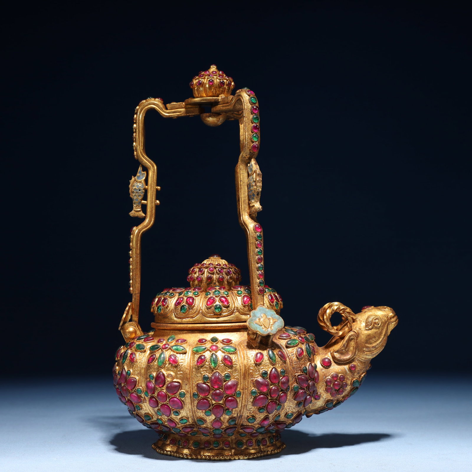 An Exquisite Gilt Bronze Sheep Loop-Handled Pot,Inlaid Gems: An Exquisite Gilt Bronze Sheep Loop-Handled Pot,Inlaid Gems,Qing Dynasty,China,Qianlong Four-character Mark,Size:4.7inx6.7inx9.1in,Weight:900g