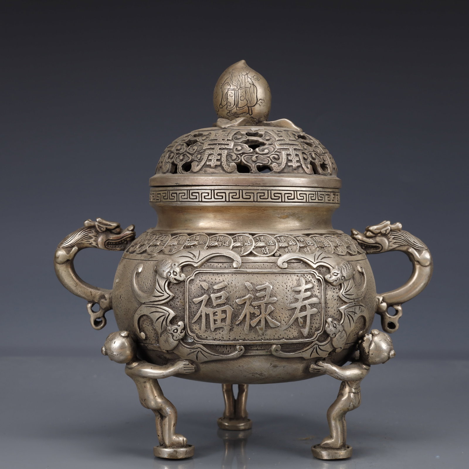 An Exquisite Silver-Plated Bronze Bats Pattern Double-Ears and Tripod Censer: An Exquisite Silver-Plated Bronze Bats Pattern Double-Ears and Tripod Censer,Qing Dynasty, China,Qianlong Four-character Mark,Size:7.9inx5.9inx7.9in,Weight:1400g