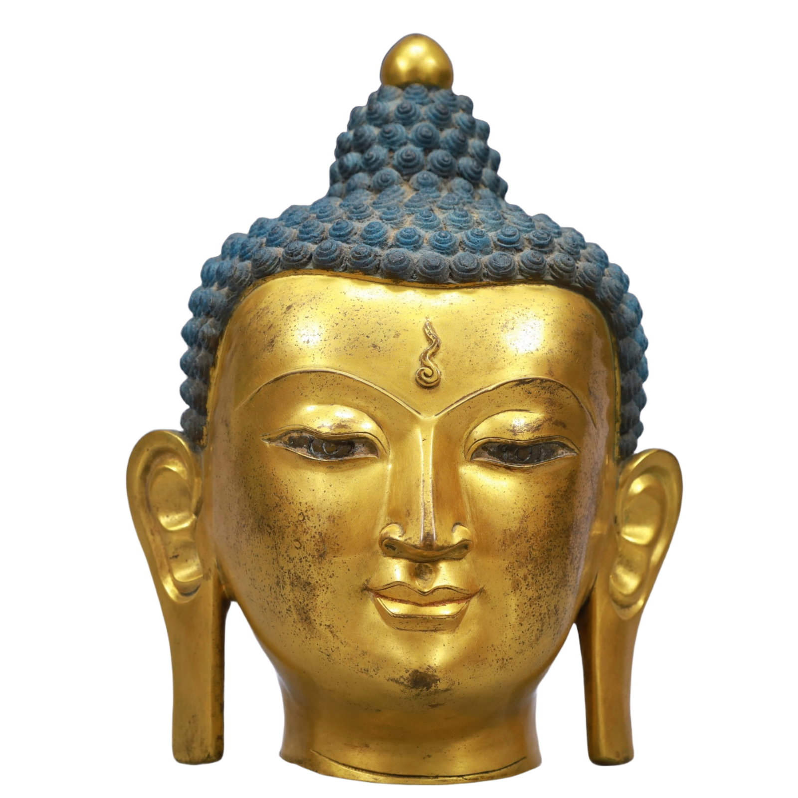 A Solemn Gilt Bronze Buddha Head Ornament: A Solemn Gilt Bronze Buddha Head Ornament,Qing Dynasty, China,Size:7.9inx11in,Weight:5750g 铜鎏金佛头摆件,中国清代