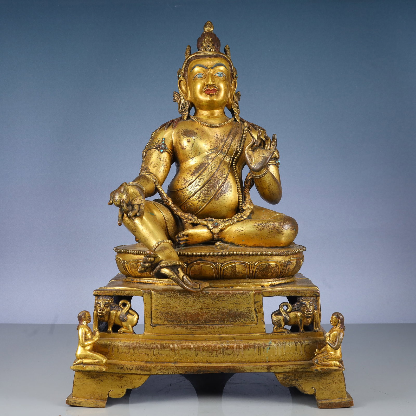 A Solemn Gilt Bronze Statue of Mammon,Inlaid Turquoise,With Inscription,With Base: A Solemn Gilt Bronze Statue of Mammon,Inlaid Turquoise,With Inscription,With Base,Qing Dynasty, China,Size:13inx9.4inxcmx20.1in,Weight:15450g