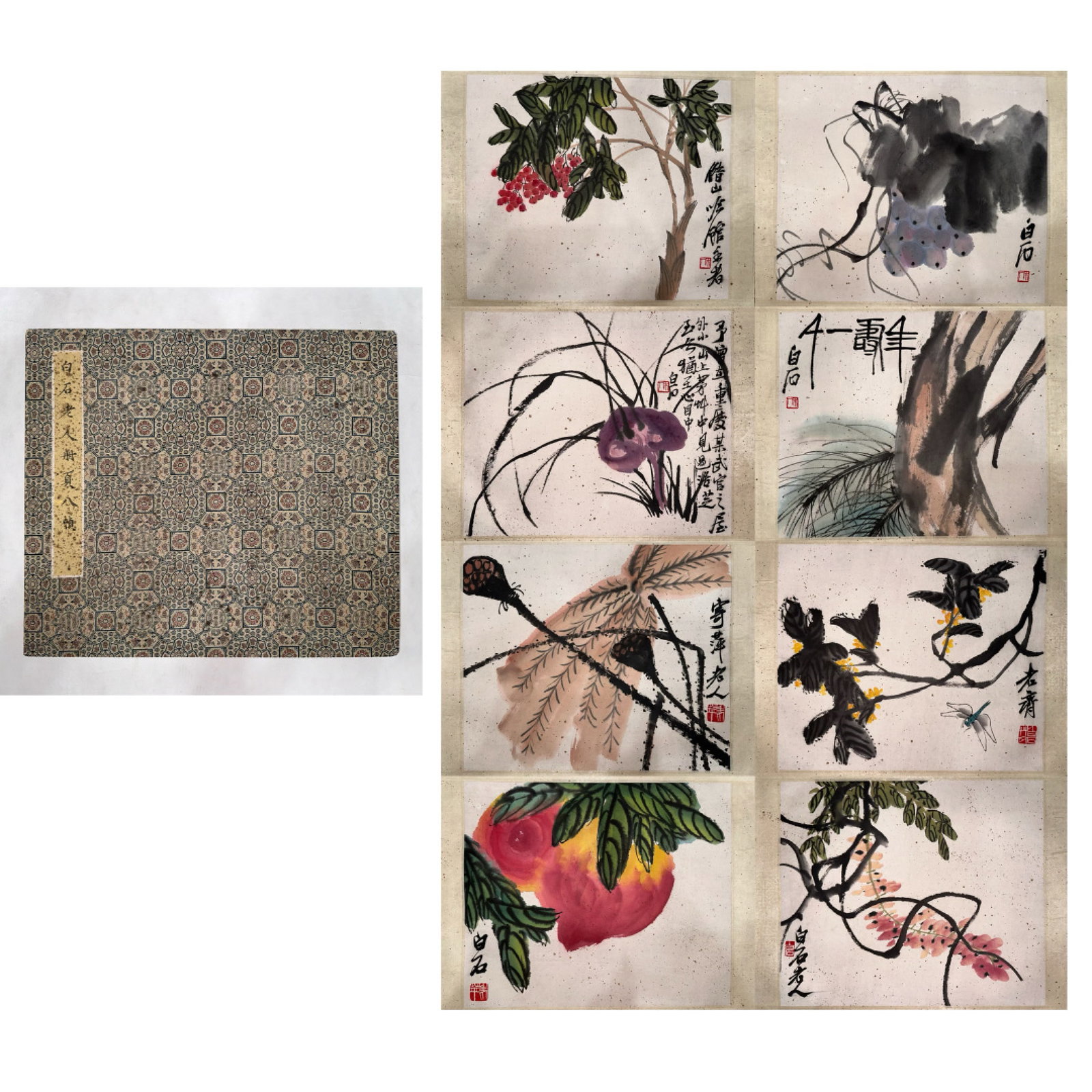 A Chinese Album Ink Painting of Flower and Fruit on Paper: A Chinese Album Ink Painting of Flower and Fruit on Paper,Qi Baishi,Size:13.8inx16.1in 一本中国水墨花果画册,齐白石