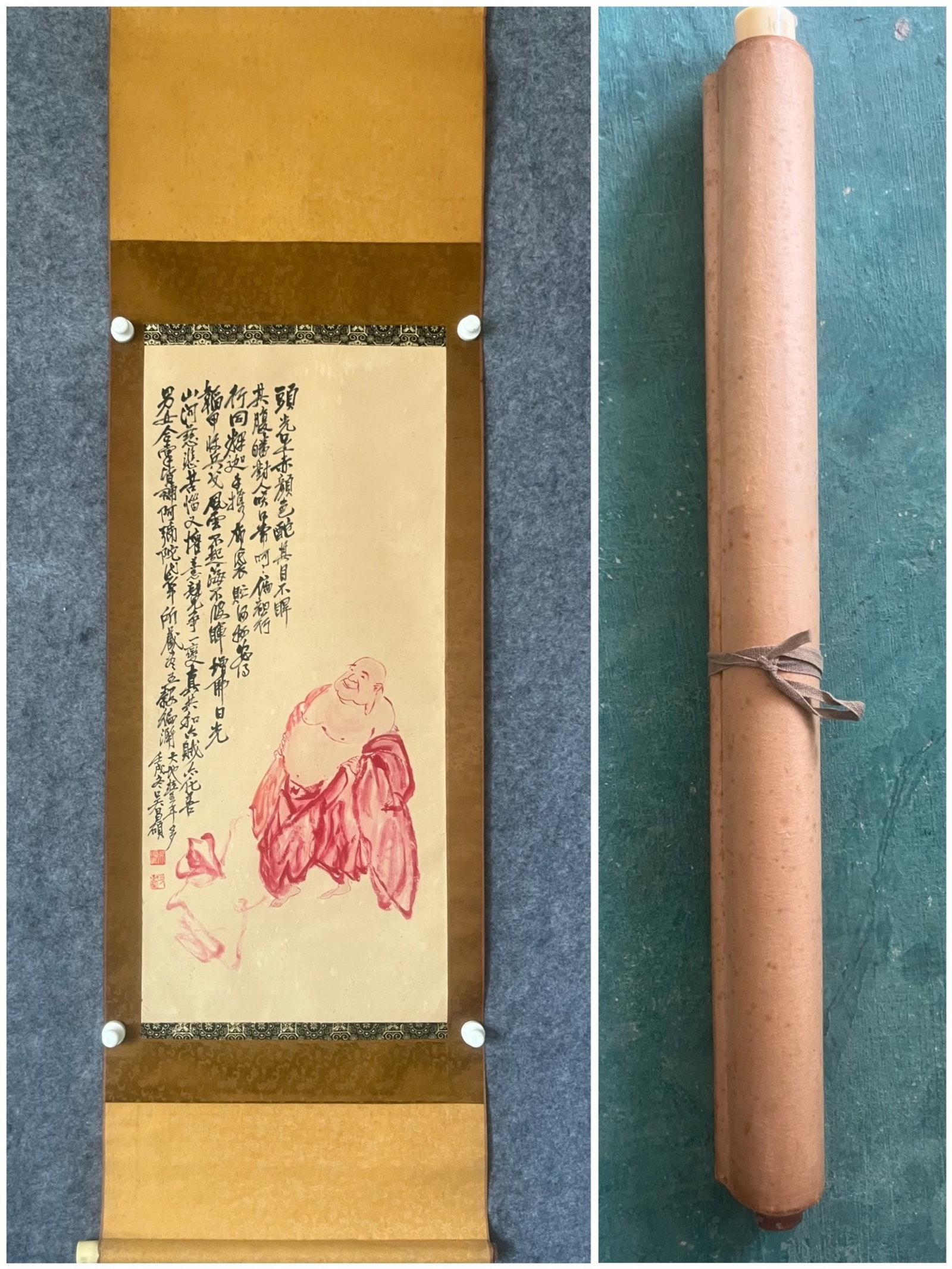 A Chinese Vertical Scroll Ink Painting of Figure on Paper: A Chinese Vertical Scroll Ink Painting of Figure on Paper,Wu Changshuo,Size:17.3inx38.6in 一幅中国水墨人物画立轴,吴昌Ĵ