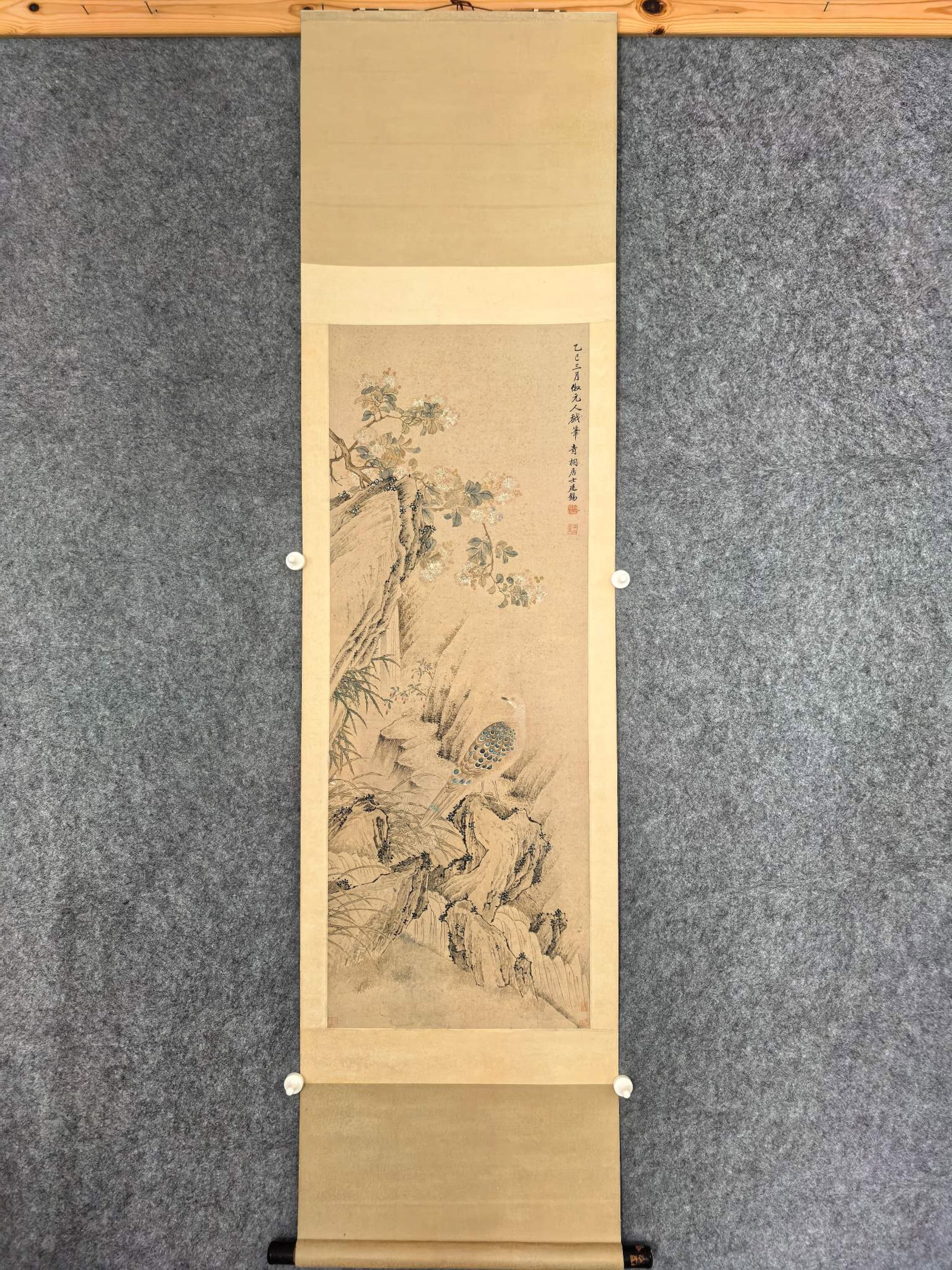 A Chinese Vertical Scroll Ink Painting of Flower and Bird on Paper: A Chinese Vertical Scroll Ink Painting of Flower and Bird on Paper,Jiang Tingxi,Size:43.3inx16.1in 一幅中国水墨花鸟画立轴,蒋