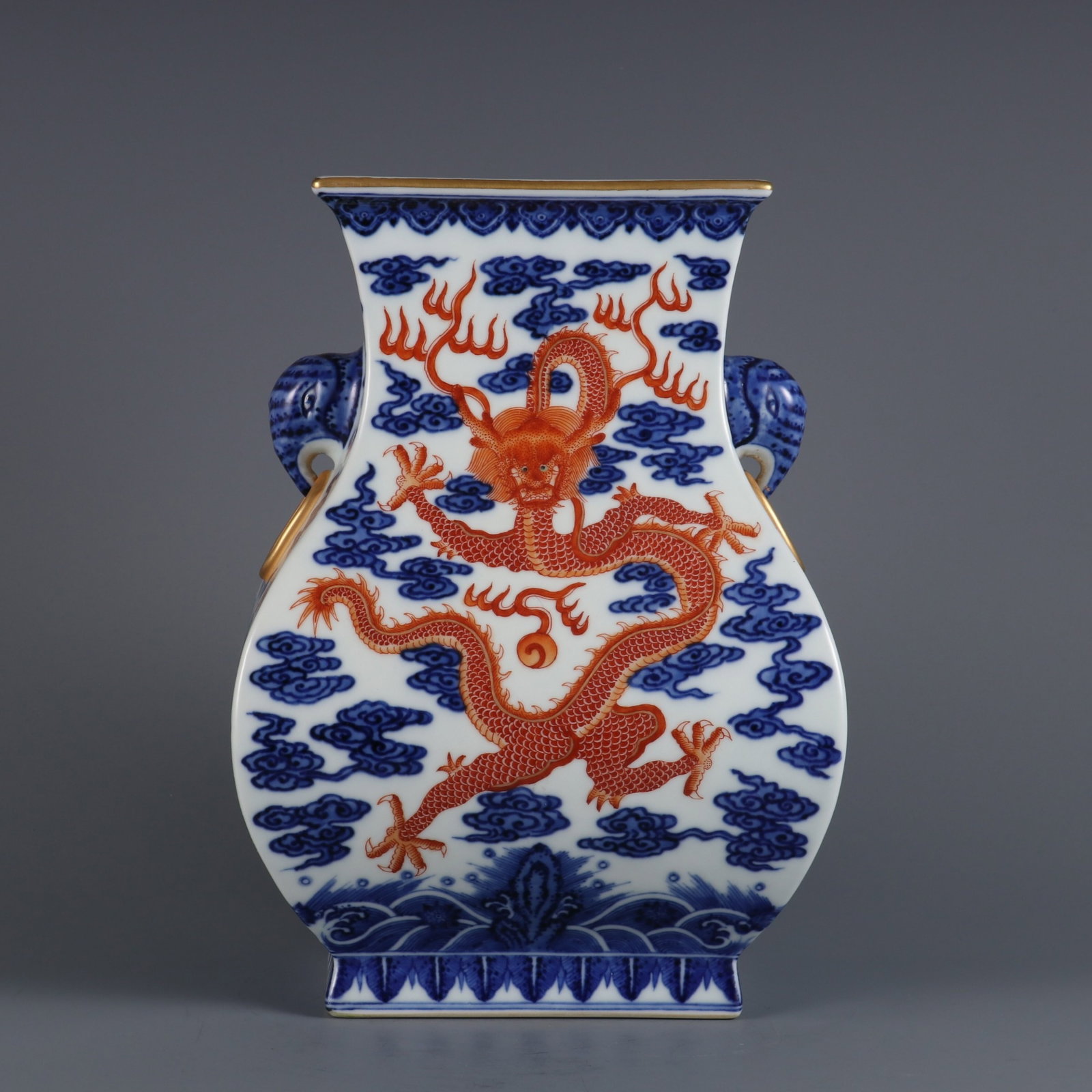 An Exquisite Blue and White Iron-Red Auspicious Cloud and Dragon Pattern Elephant-Ears Vase: An Exquisite Blue and White Iron-Red Auspicious Cloud and Dragon Pattern Elephant-Ears Vase,Qing Dynasty,China,Qianlong Six-character Mark,Size:10.7inx5.7in 青花矾红祥