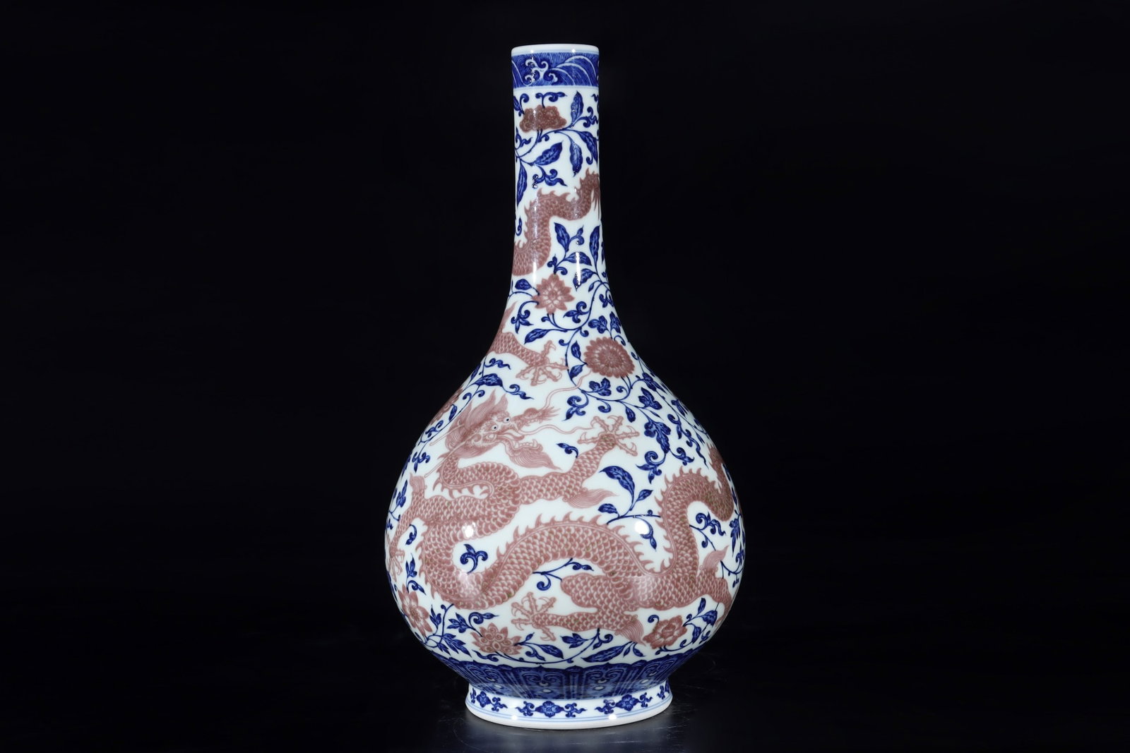 A Rare Blue and White Underglaze-Red Lotus and Dragon Pattern Vase: A Rare Blue and White Underglaze-Red Lotus and Dragon Pattern Vase,Qing Dynasty,China,Yongzheng Six-character Mark,Size:14.6inx7.9in 青花釉里红缠枝莲
