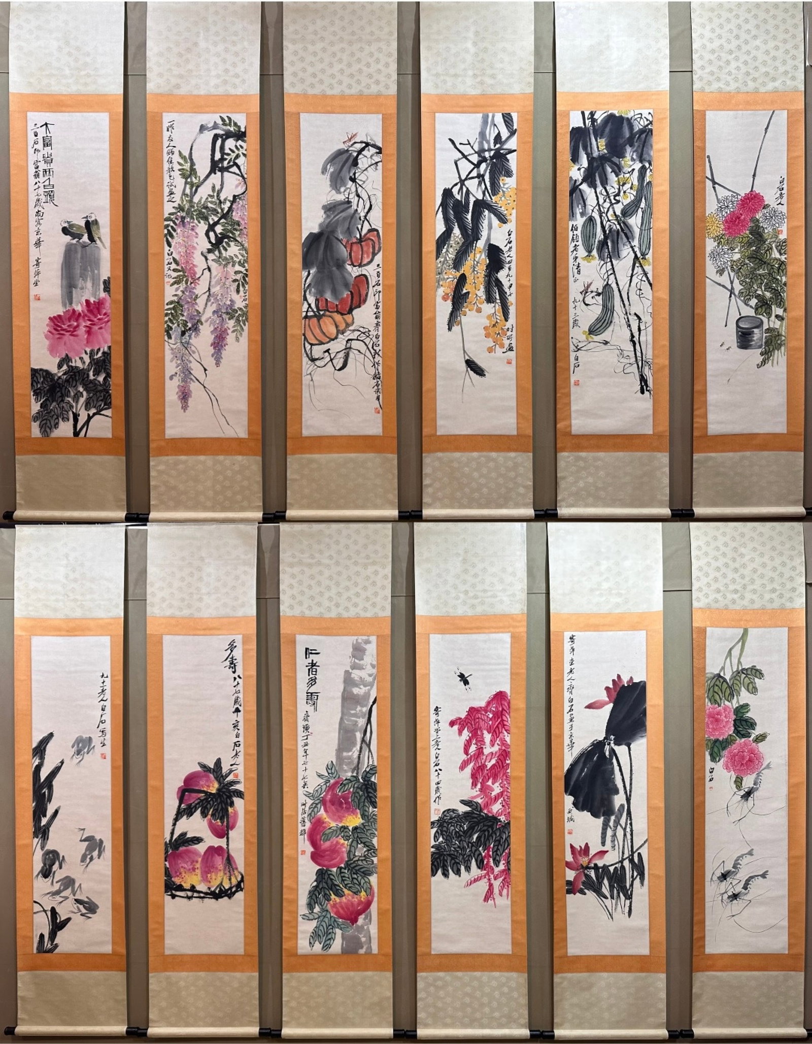 A Set of Chinese Vertical Scroll Ink Painting of Flower and Fruit on Paper: A Set of Chinese Vertical Scroll Ink Painting of Flower and Fruit on Paper,Qi Baishi,Size:12.6inx53.1in 一套中国水墨花果画立轴,齐