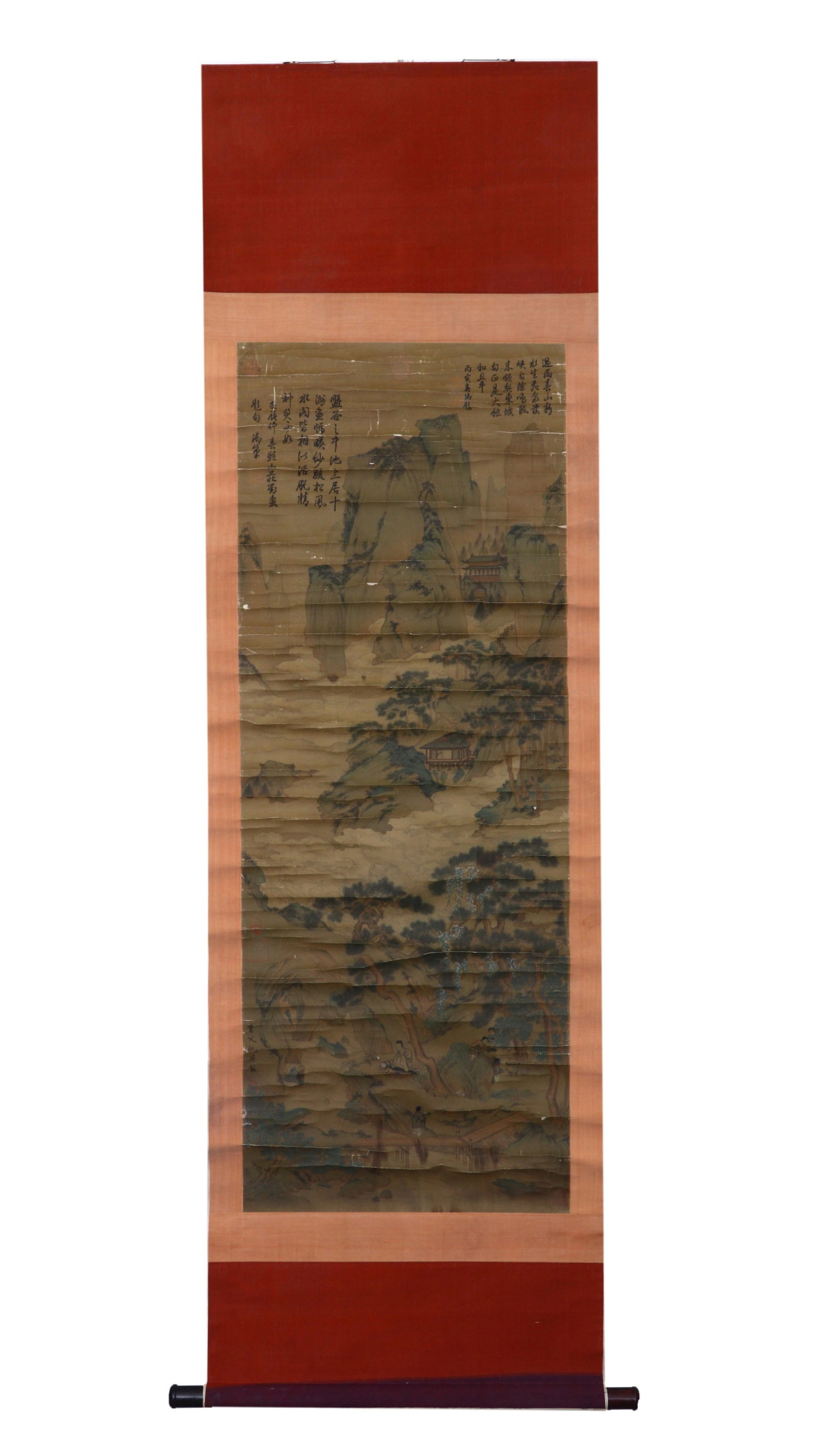 A Chinese Vertical Scroll Ink Painting of Landscape on Silk: A Chinese Vertical Scroll Ink Painting of Landscape on Silk,Chou Ying,Size:20.5inx55.9in