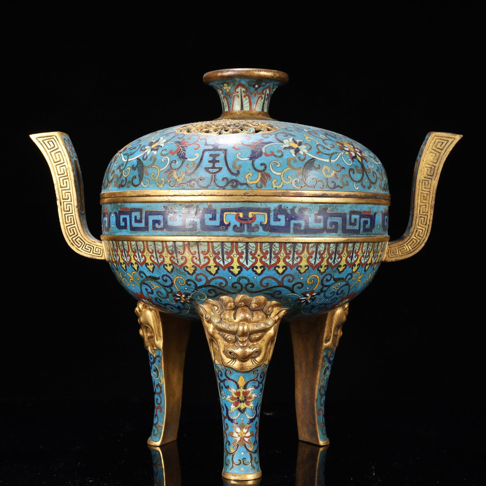 A Rare Cloisonne Lotus and Shou-Character Pattern Double-Ears and Tripod Censer: A Rare Cloisonne Lotus and Shou-Character Pattern Double-Ears and Tripod Censer,Qing Dynasty, China,Qianlong Four-character Mark,Size:13.8inx8.7inx12.2in,Weight:3200g 景泰蓝缠&