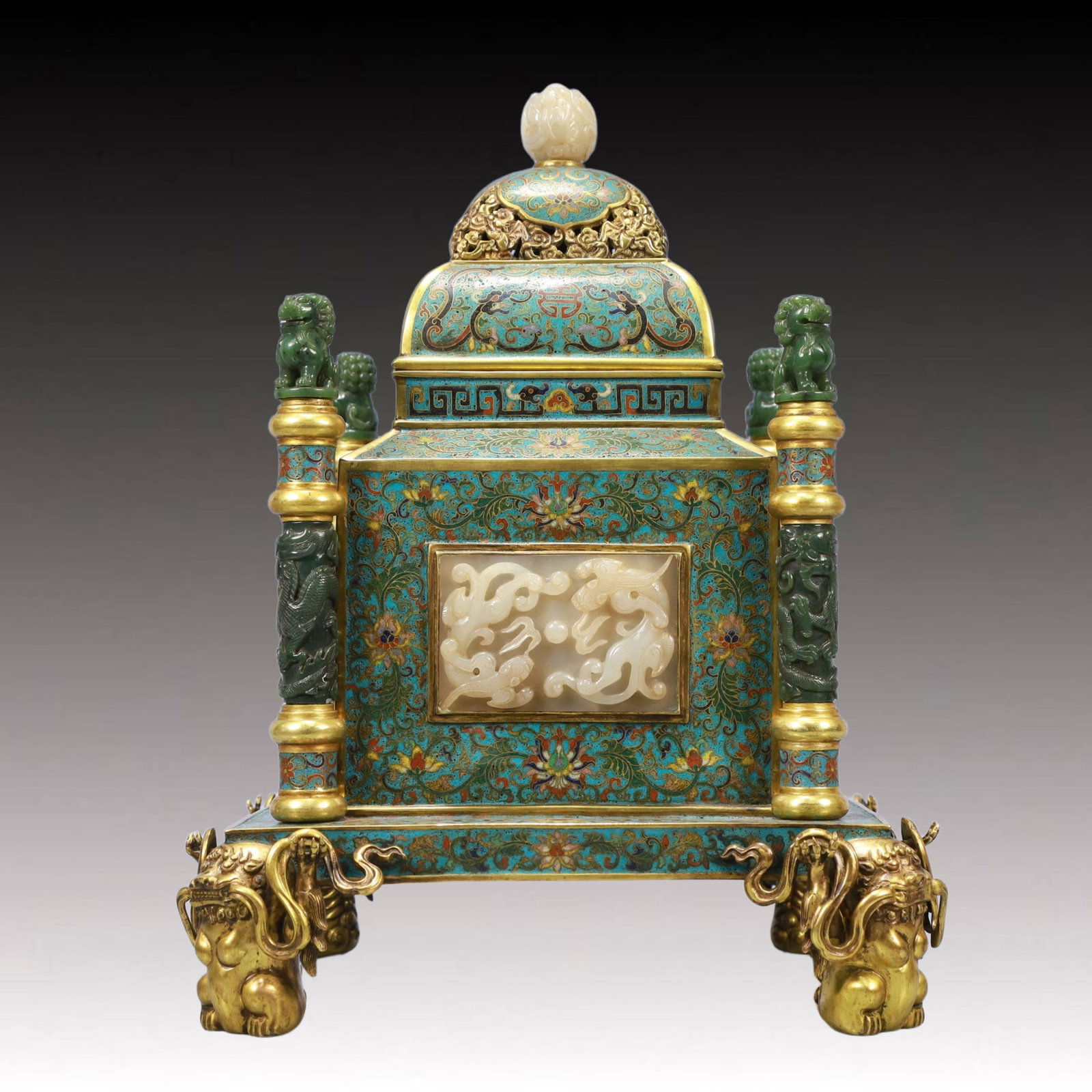 A Rare Cloisonne Inlaid White Jade Lotus and Dragon Pattern Beast-legs Censer: A Rare Cloisonne Inlaid White Jade Lotus and Dragon Pattern Beast-legs Censer,Qing Dynasty, China,Qianlong Four-character Mark,Size:11inx14.6in,Weight:7200g 景泰蓝嵌白