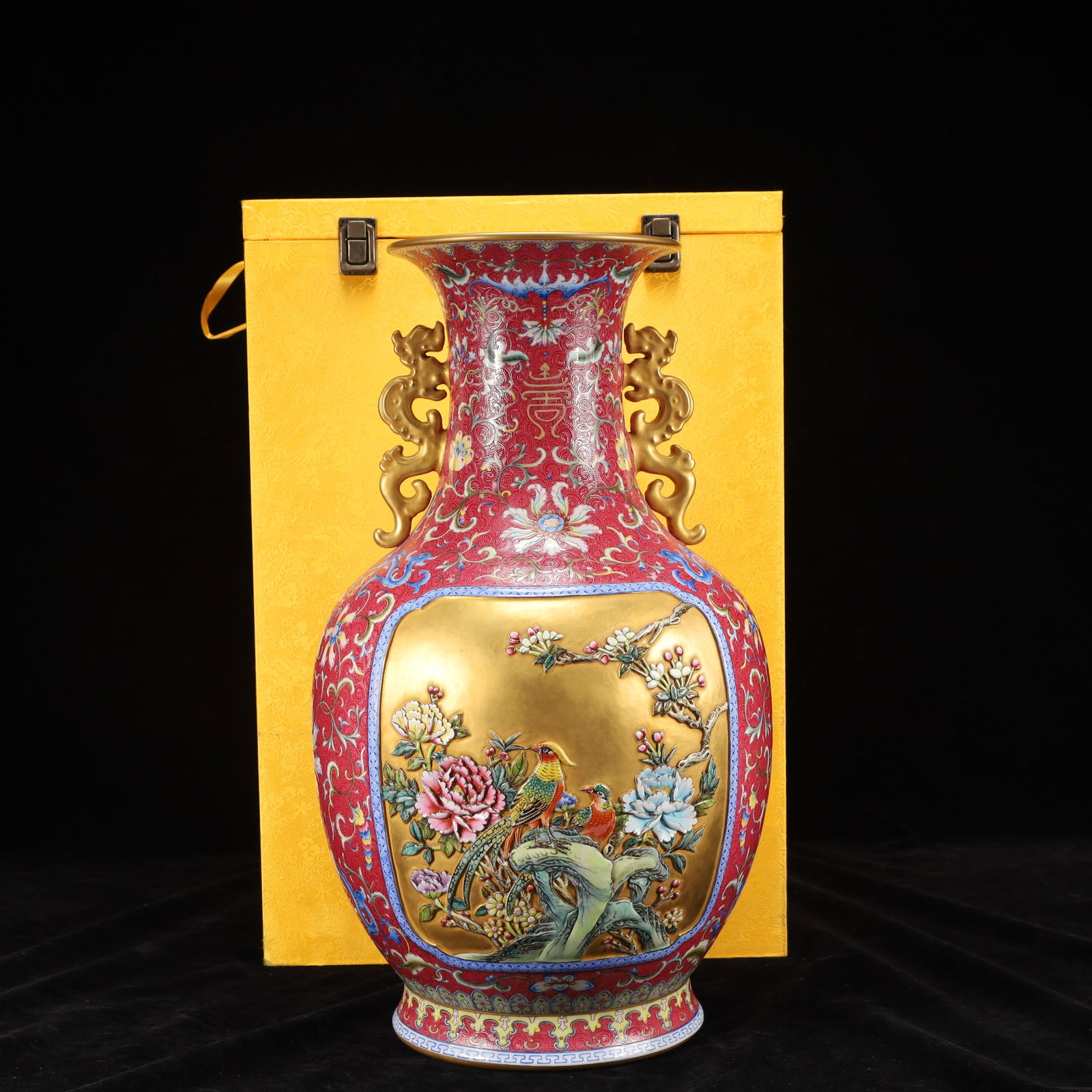 A Huge Famille-Rose Red Ground Painted Gold Flower and Bird Pattern Dragon-Ears Vase: A Huge Famille-Rose Red Ground Painted Gold Flower and Bird Pattern Dragon-Ears Vase,Qing Dynasty, China,Qianlong Six-character Mark,Size:9.4inx9.4inx18.5in 粉彩红地描