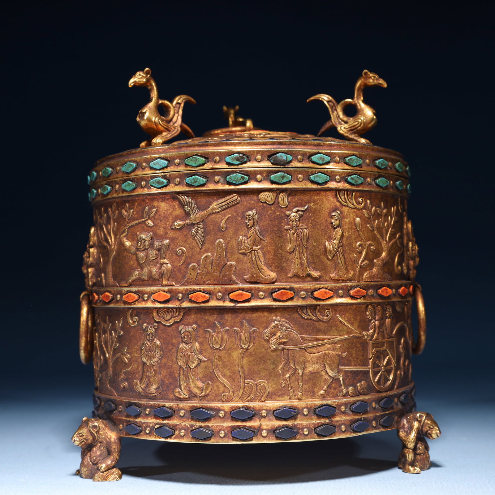 An Exquisite Gilt Bronze Character and Story Pattern Tripod Jar with Cover,Inlaid Turquoise: An Exquisite Gilt Bronze Character and Story Pattern Tripod Jar with Cover,Inlaid Turquoise,Qing Dynasty,China,Size:5.9inx7.1in,Weight:2050g