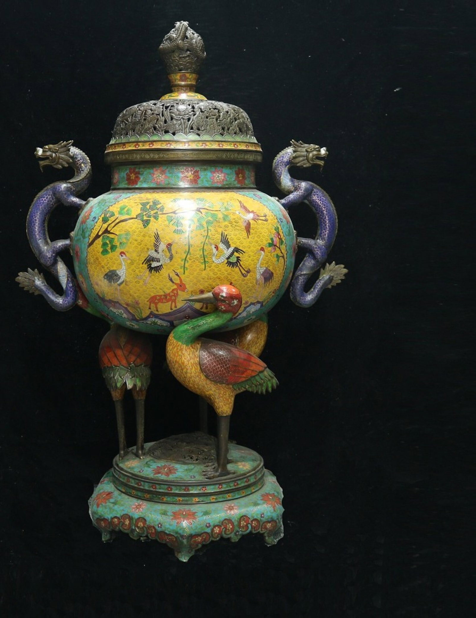 A Huge Cloisonne Crane Pattern Dragon-Ears and Beast Legs Censer: A Huge Cloisonne Crane Pattern Dragon-Ears and Beast Legs Censer,Qing Dynasty,China,Qianlong Four-Character Mark,Size:44.9inx28.7in,Weight:54kg 景泰蓝仙鹤纹龙