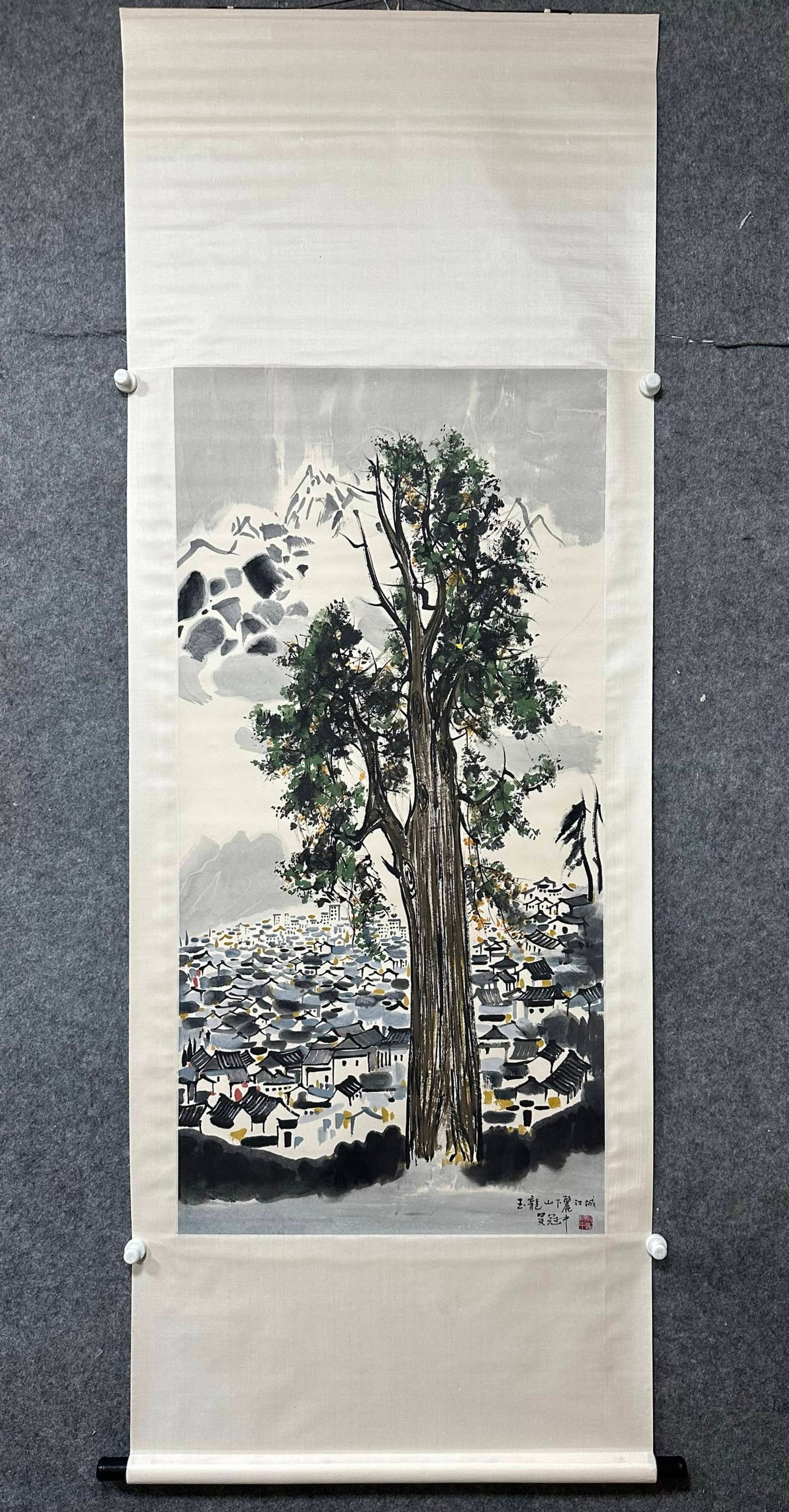 A Chinese Vertical Scroll Ink Painting of Landscape on Paper: A Chinese Vertical Scroll Ink Painting of Landscape on Paper,Wu Guanzhong,Size:26.8inx53.9in 一幅中国水墨山水画立轴,吴冠&#