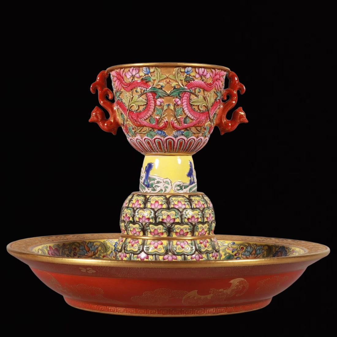 An Exquisite Enamel Gold Ground Flower and Dragon Pattern Stem Cup,with Base: An Exquisite Enamel Gold Ground Flower and Dragon Pattern Stem Cup,with Base,Qing Dynasty,China,Qianlong Six-character Mark,Size:6.7inx8.7in 珐琅彩金地花卉