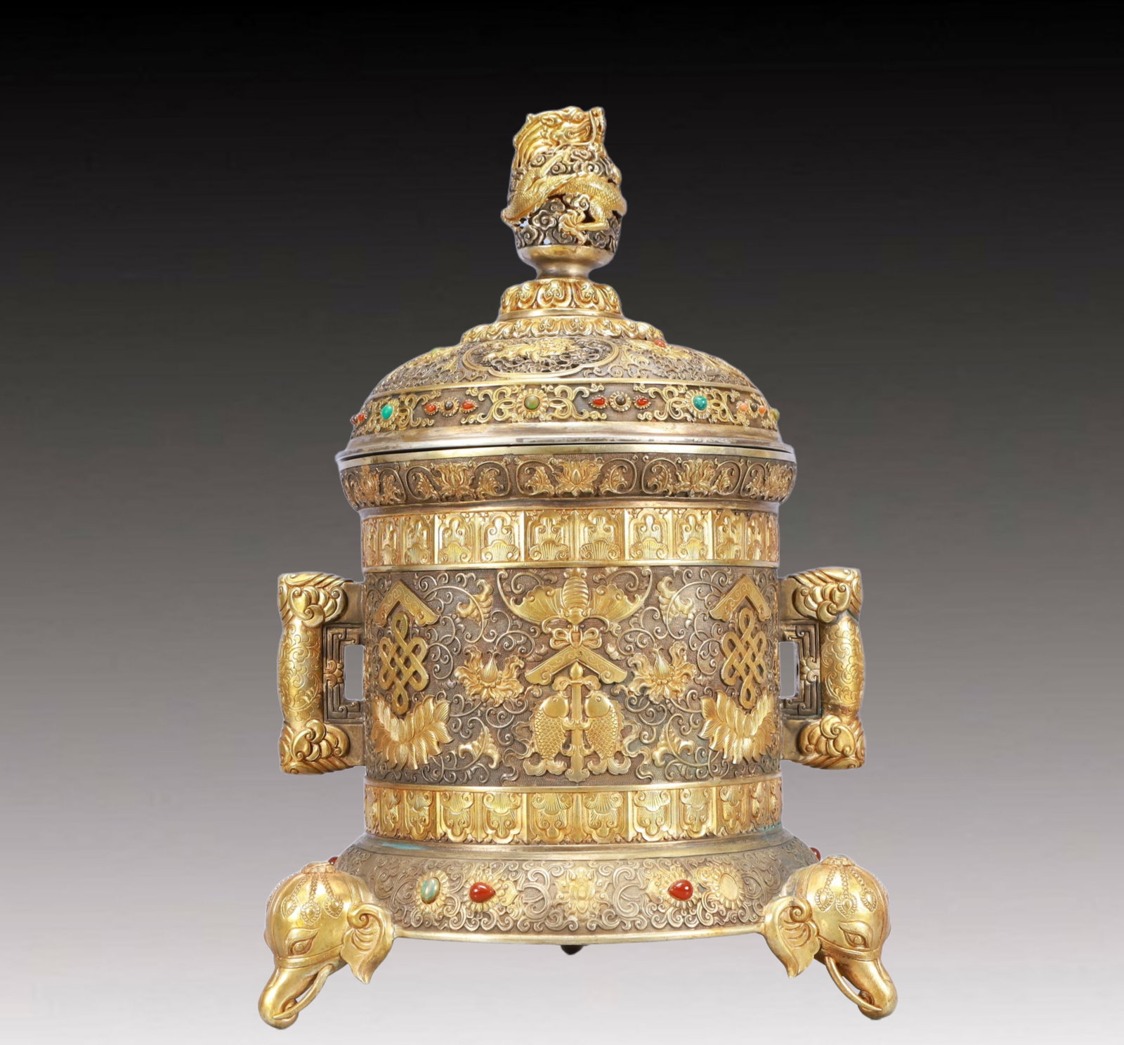 A Rare Gilt Silver Eight Treasures Pattern Double-Ears and Elephant-legs Censer,Inlaid Gems: A Rare Gilt Silver Eight Treasures Pattern Double-Ears and Elephant-legs Censer,Inlaid Gems,Qing Dynasty, China,Qianlong Four-character Mark,Size:11inx15in,Weight:5600g