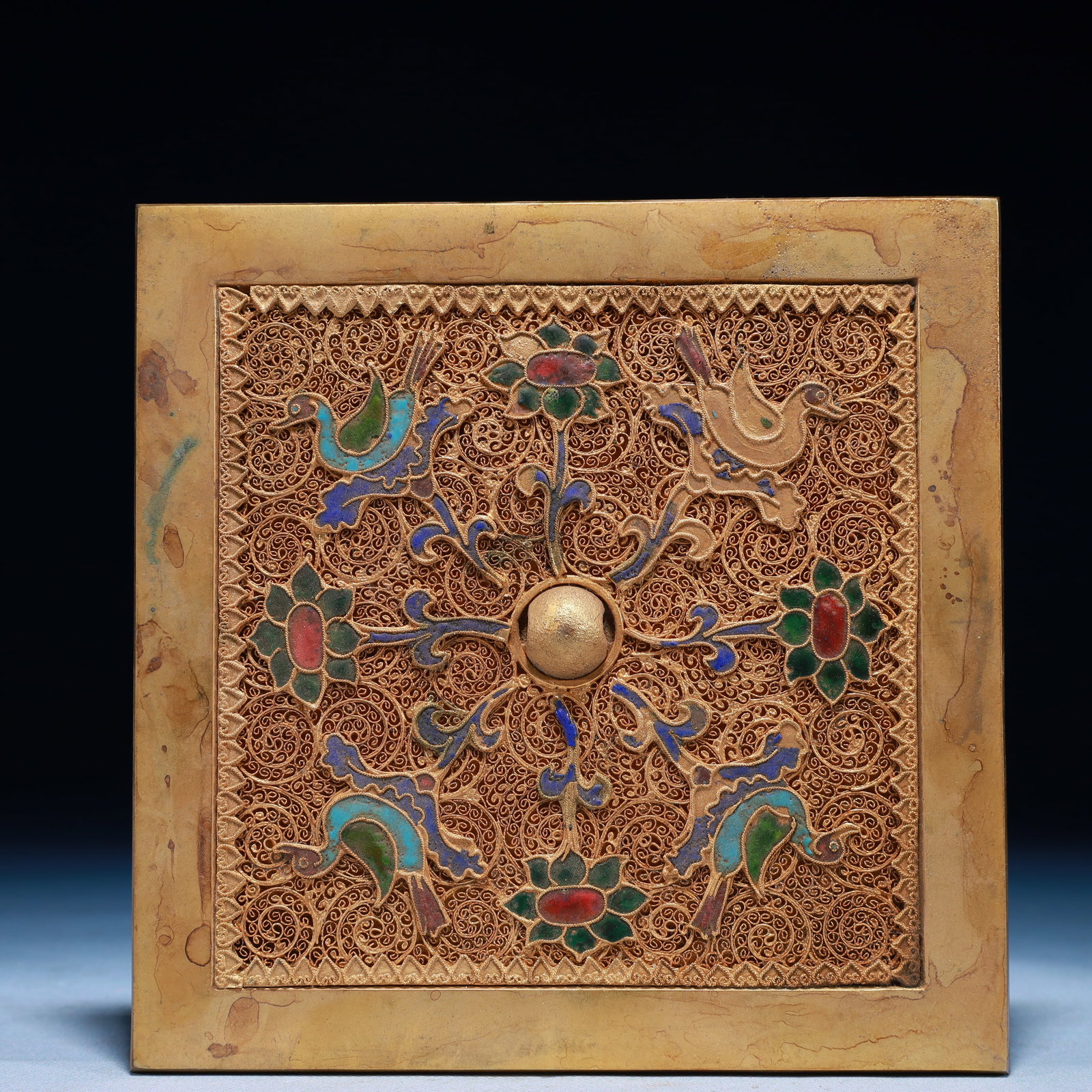 An Exquisite Cloisonne Gilt Flower and Bird Pattern Ornament,Inlaid Gems: An Exquisite Cloisonne Gilt Flower and Bird Pattern Ornament,Inlaid Gems,Qing Dynasty,China,Size:7.1inx7.1inx0.6in,Weight:1400g