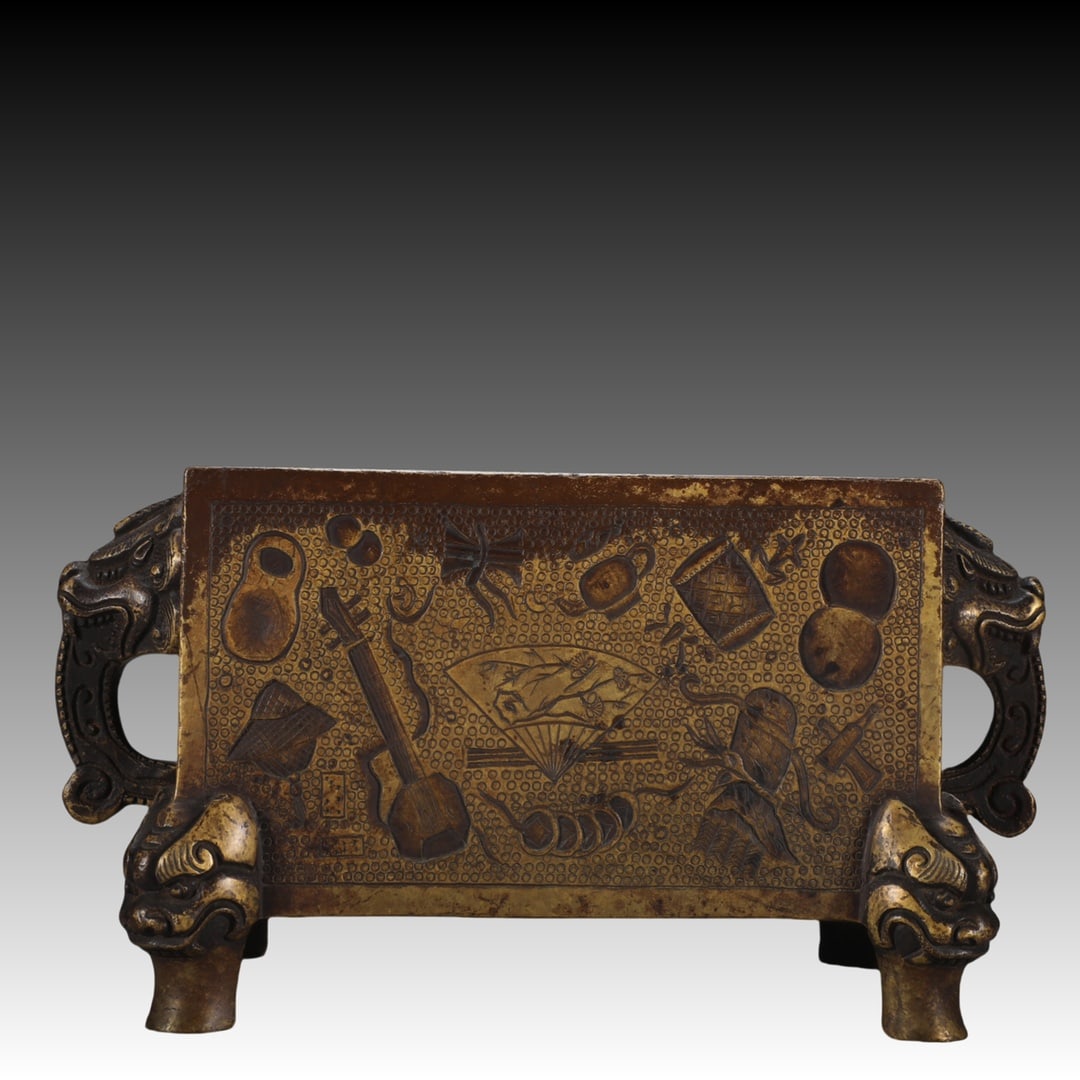 An Exquisite Bronze Eight Treasures Pattern Dragon-Ears Censer: An Exquisite Bronze Eight Treasures Pattern Dragon-Ears Censer,Ming Dynasty,China,Xuande Six-Character Mark,Size:3.5inx6.9in,Weight:2100g 铜八宝纹龙耳香ୀ