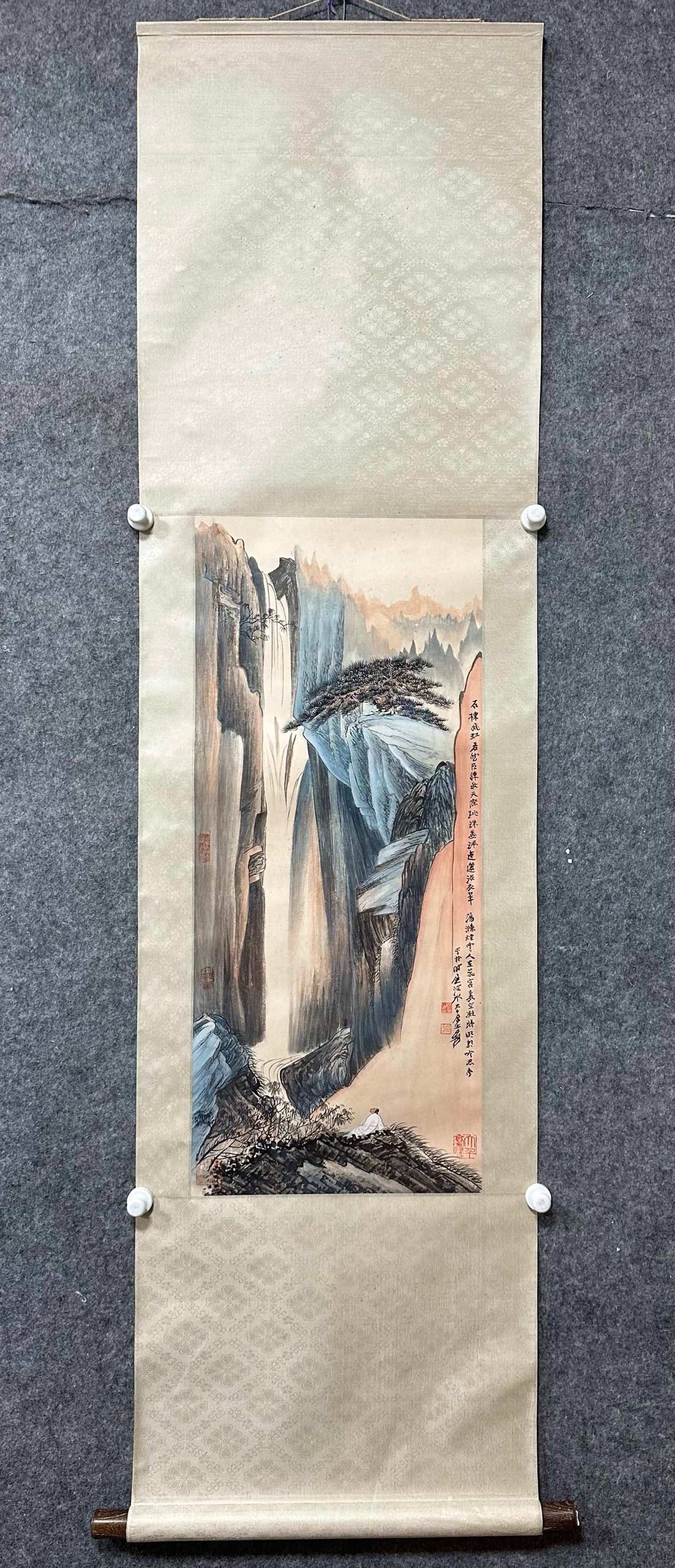 A Chinese Vertical Scroll Ink Painting of Landscape on Paper: A Chinese Vertical Scroll Ink Painting of Landscape on Paper,Zhang Daqian,Size:15.2inx35.4in 一幅中国水墨山水画立轴,张大&#