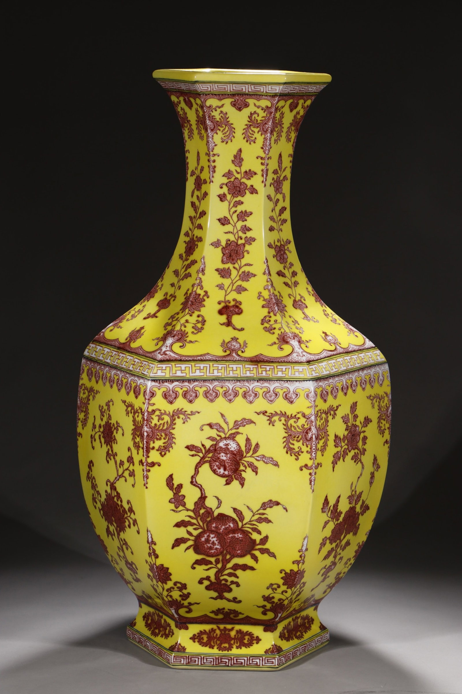 A Huge Yellow Ground Underglaze-Red Flower and Fruit Pattern Vase: A Huge Yellow Ground Underglaze-Red Flower and Fruit Pattern Vase,Qing Dynasty,China,Qianlong Six-character Mark,Size:25.8in