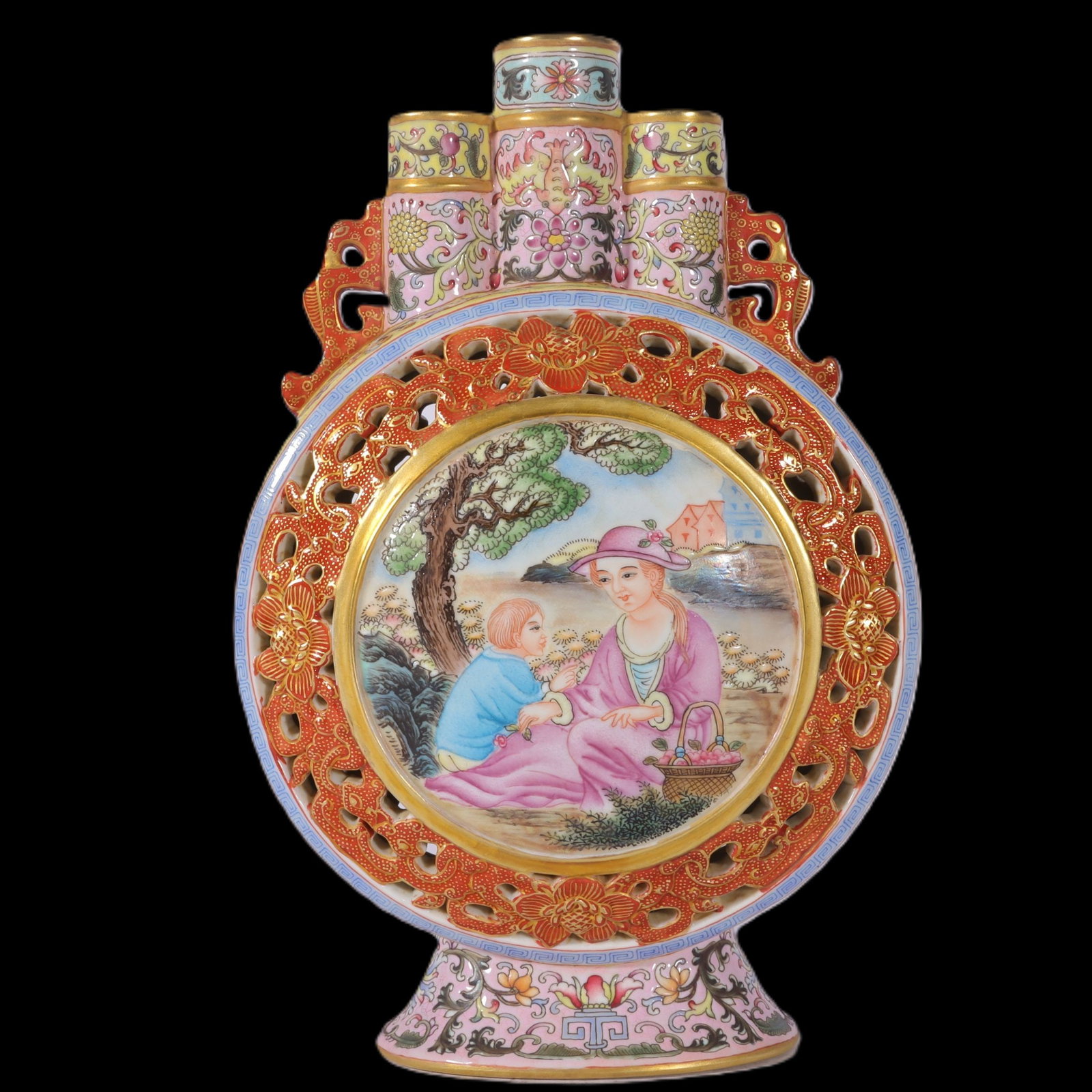 An Exquisite Enamel Yellow Ground Character and Story Pattern Double-Ears Vase: An Exquisite Enamel Yellow Ground Character and Story Pattern Double-Ears Vase,Qing Dynasty,China,Qianlong Four-character Mark,Size:8.3inx5.4in