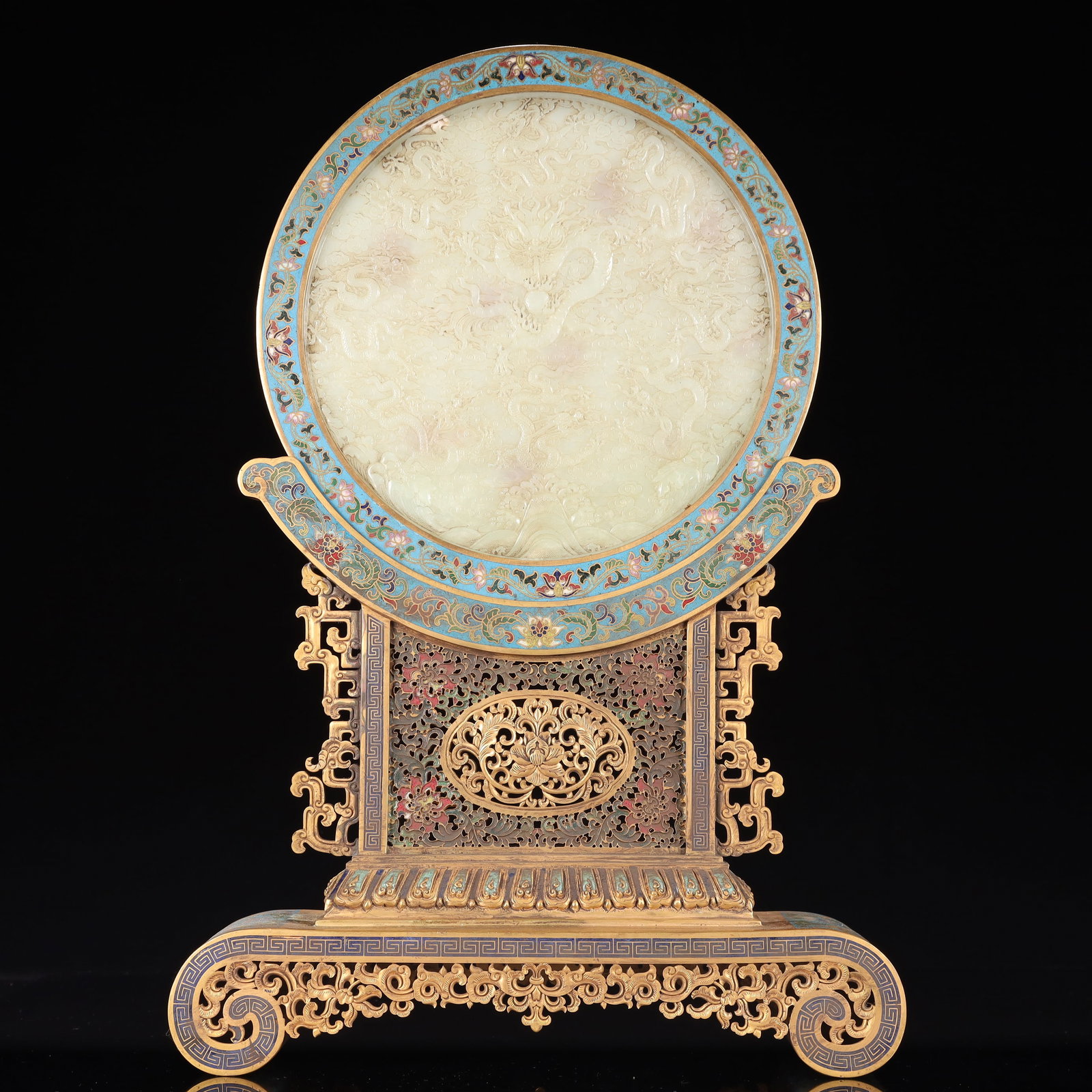 A Huge Cloisonne Inlaid White Jade Auspicious Cloud and Dragon Pattern Table Screen,With an Imperial: A Huge Cloisonne Inlaid White Jade Auspicious Cloud and Dragon Pattern Table Screen,With an Imperial Poem by Emperor Qianlong,Qing Dynasty, China,Qianlong Four-character Mark,Size:12.2inx3.5inx17.9in,