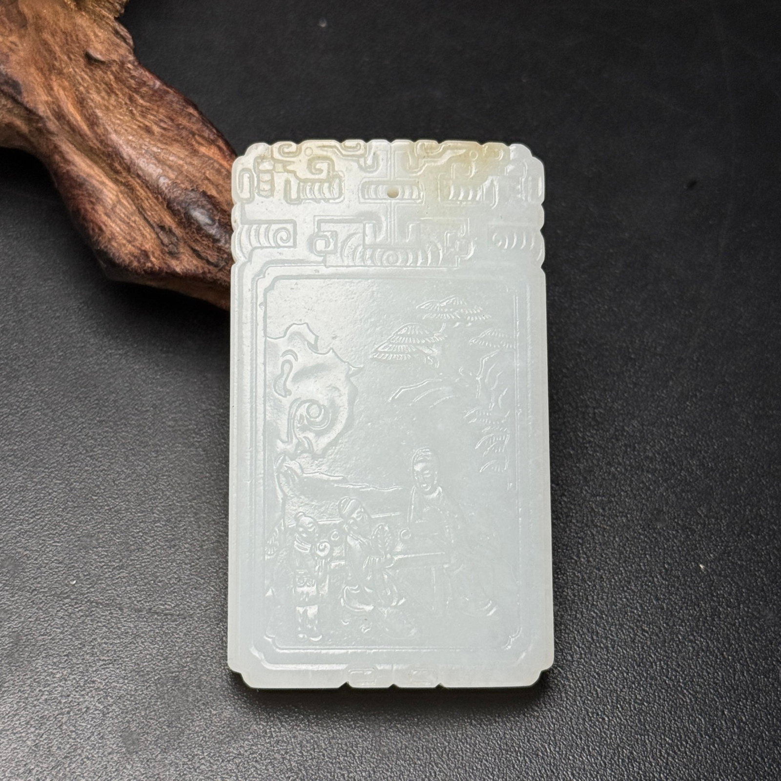 An Exquisite White Jade Character and Story Pattern Pendant,with poem: An Exquisite White Jade Character and Story Pattern Pendant,with poem,Qing Dynasty,China,Size:1.4inx2.4inx0.3in,Weight:39g 白玉人物故事纹牌,带#