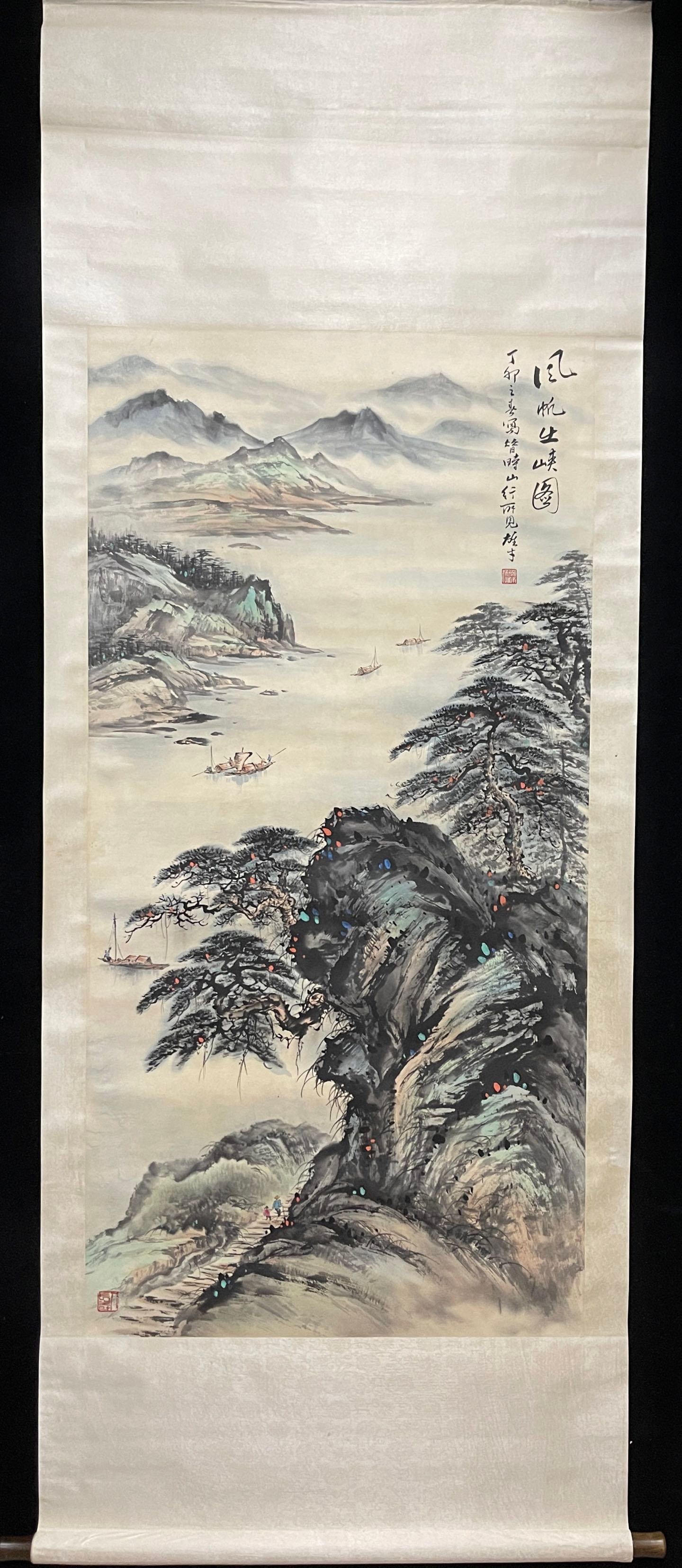 A Chinese Vertical Scroll Ink Painting of Landscape on Paper: A Chinese Vertical Scroll Ink Painting of Landscape on Paper,Li Xiongcai,Size:26.8inx53.9in 一幅中国水墨山水画立轴,黎雄