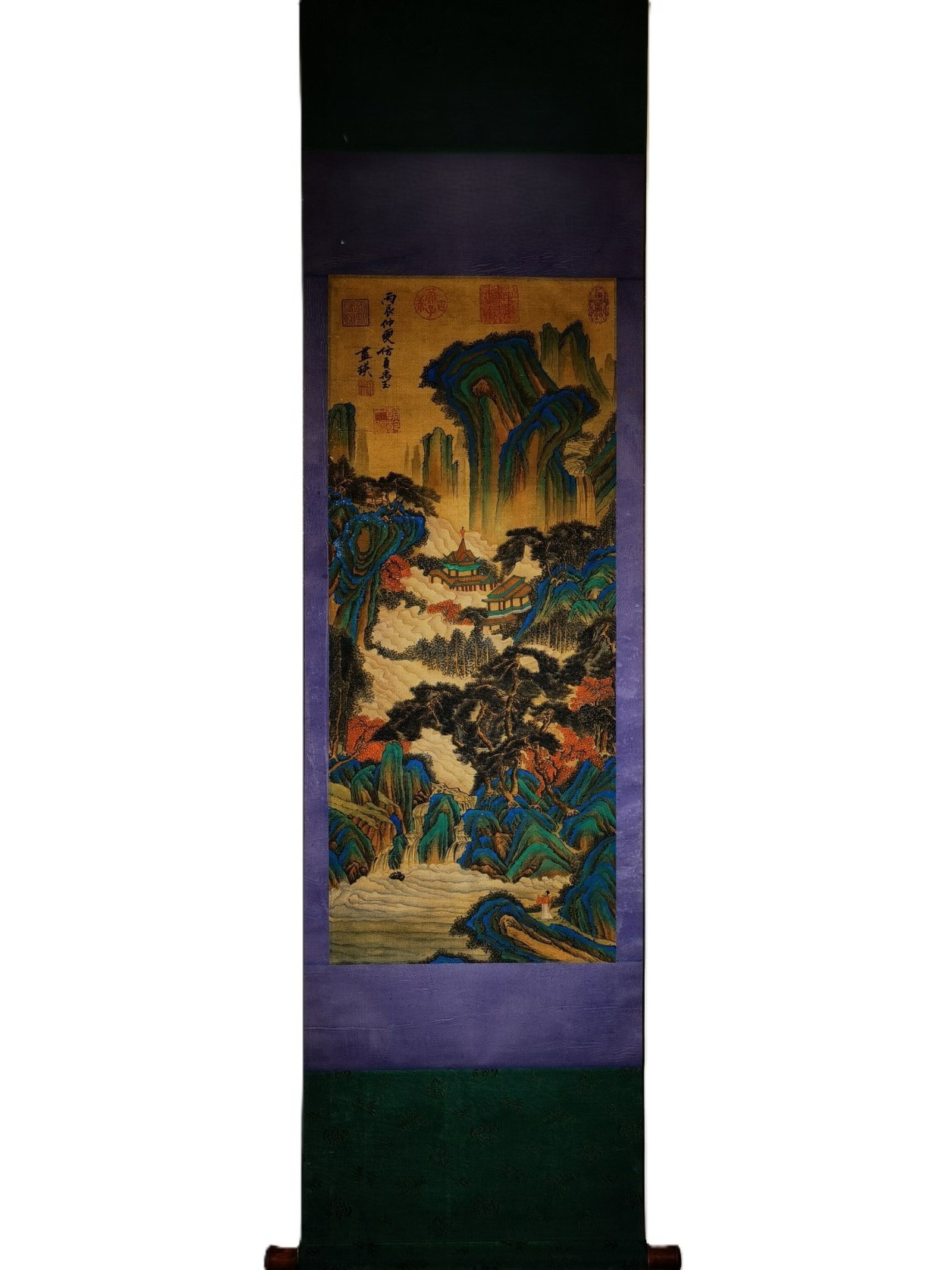 A Chinese Vertical Scroll Ink Painting of Landscape on Silk: A Chinese Vertical Scroll Ink Painting of Landscape on Silk,Lan Ying,Size:(overall length)75.6inx18.9in,(Without frame)37.4inx15.7in 一幅中国水墨绢本